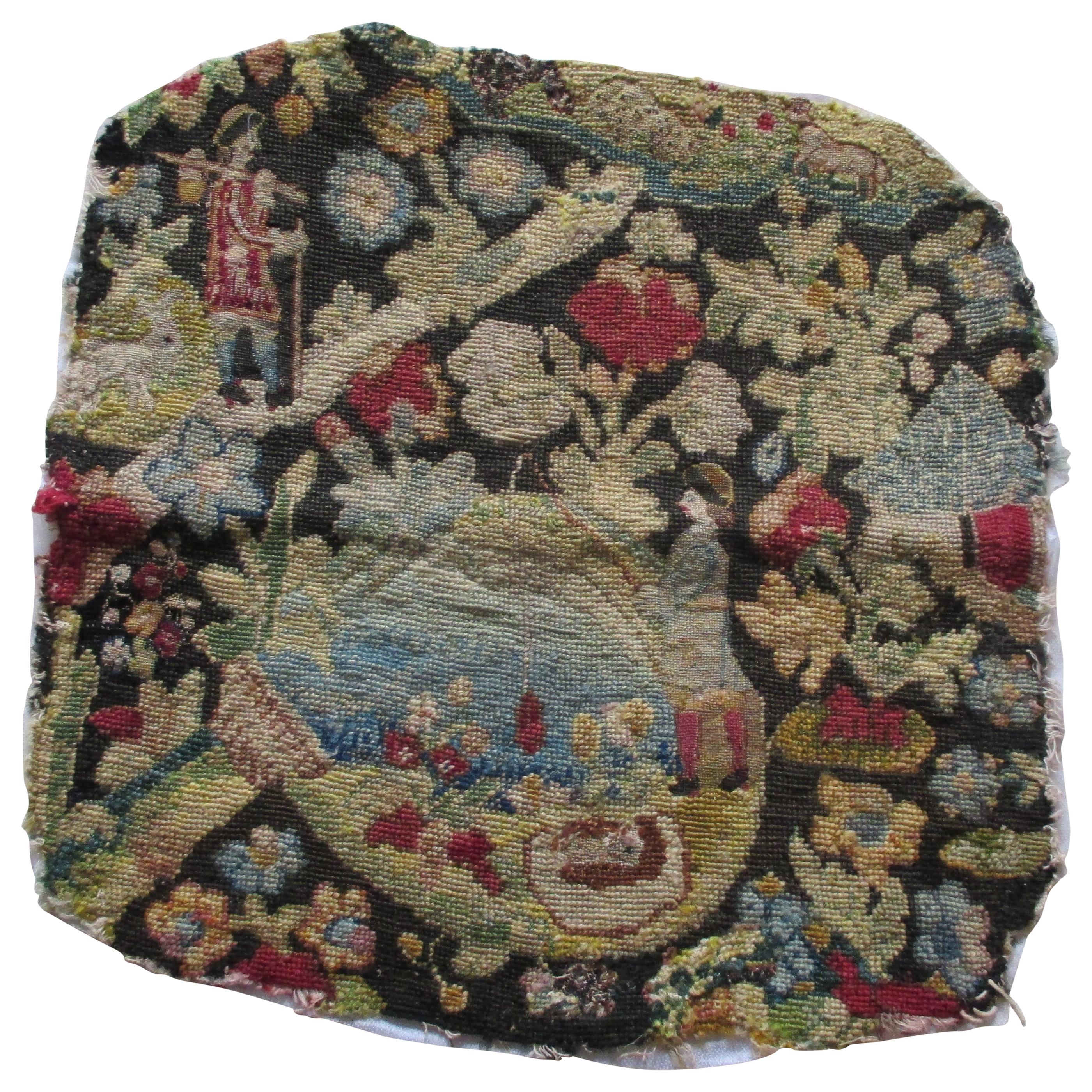 Antique Petit Point Tapestry Fragment Portraying a Rustic Scene