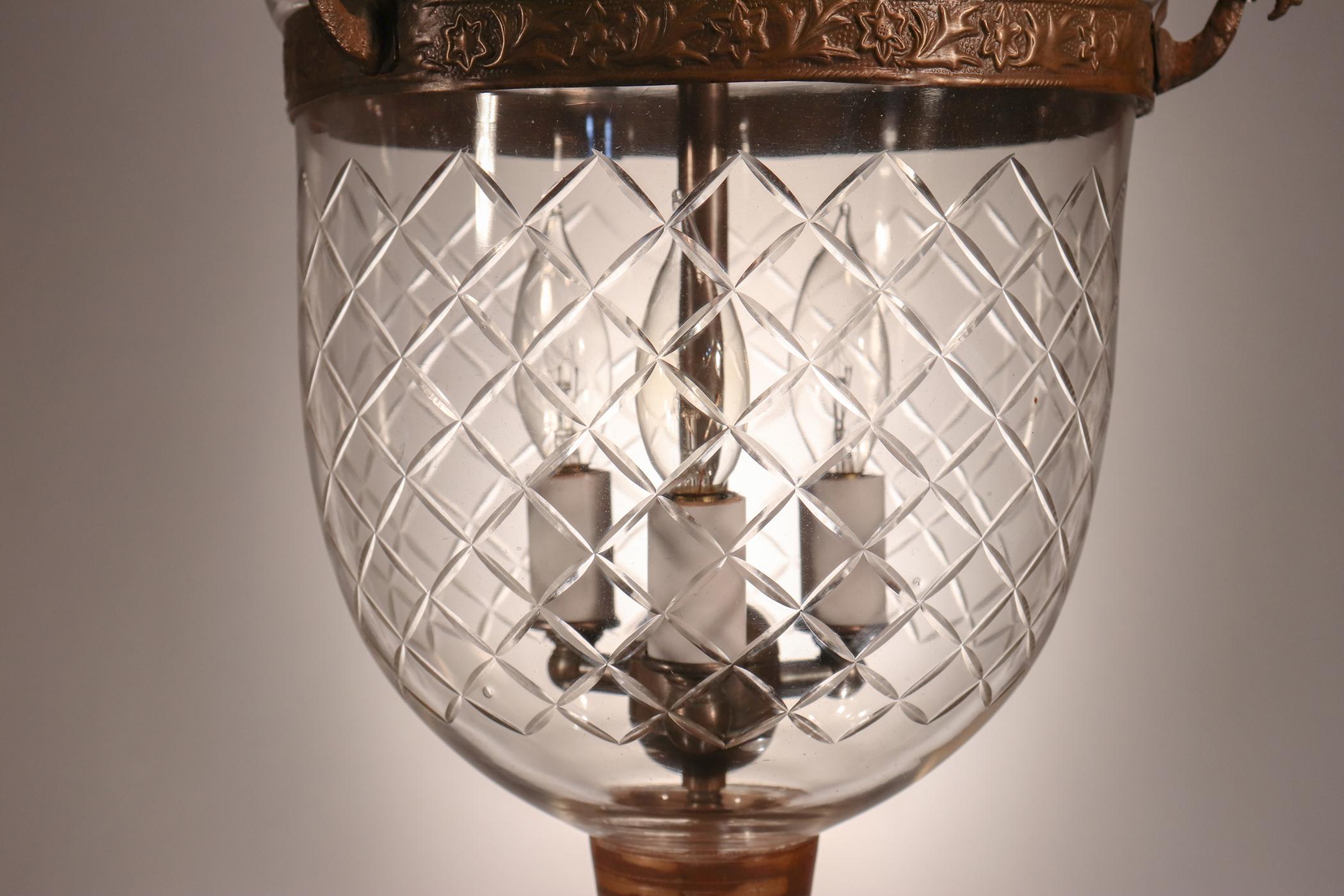 Antique Petite Bell Jar Lantern with Diamond Etching In Good Condition In Heath, MA