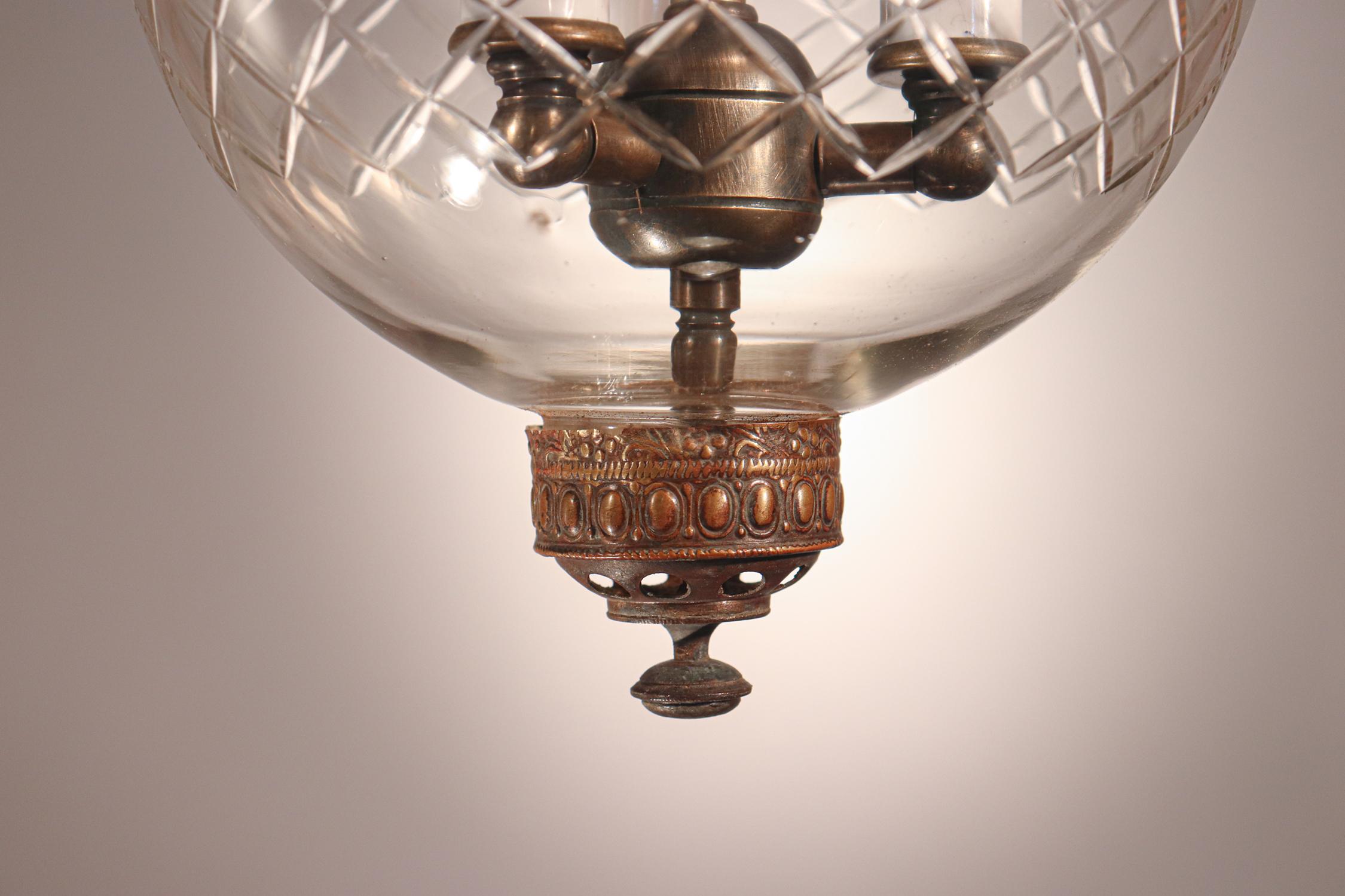 Brass Antique Petite Bell Jar Lantern with Diamond Etching