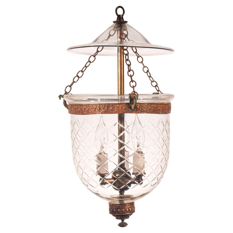 Antique Petite Bell Jar Lantern with Diamond Etching For Sale
