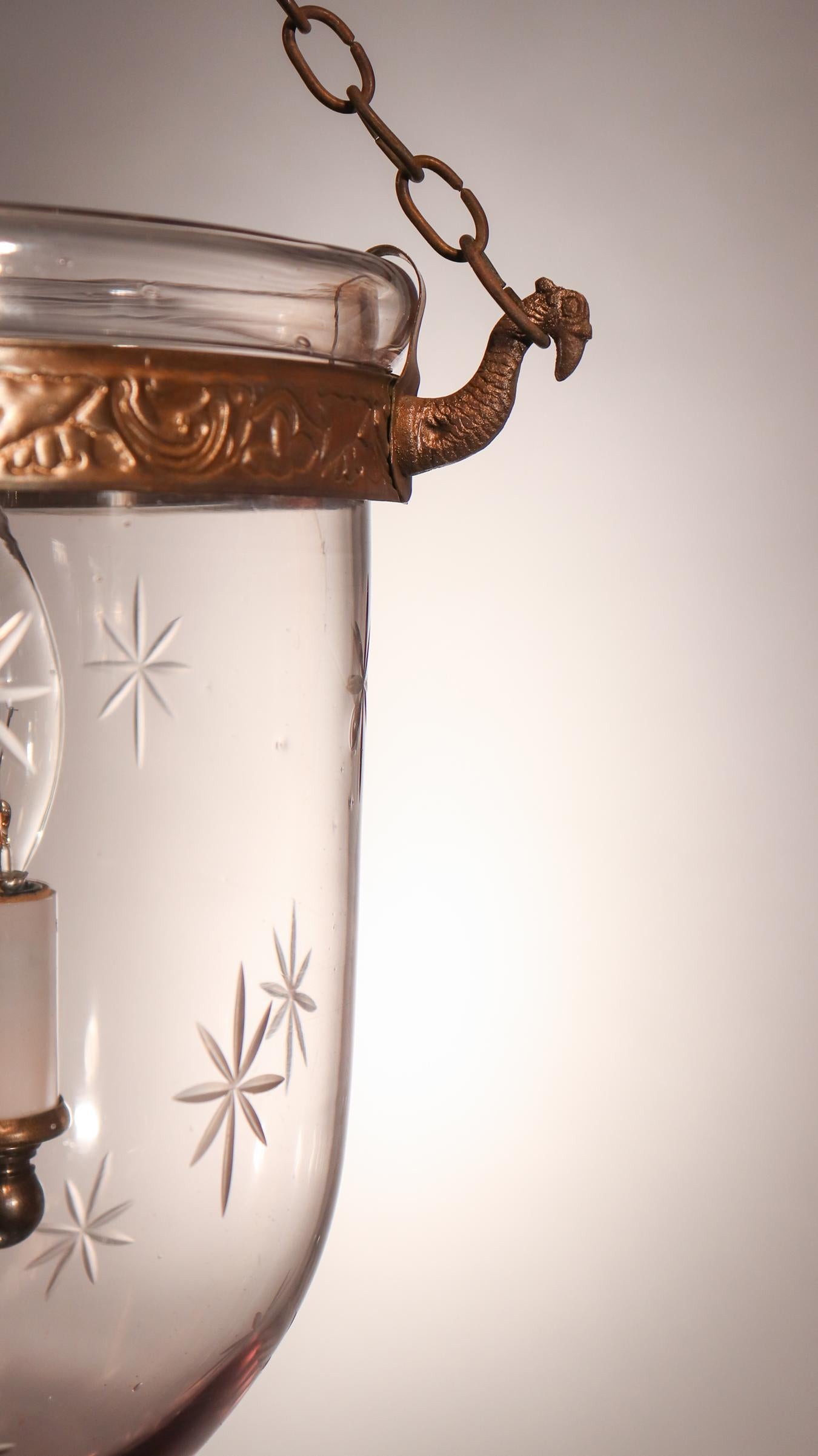 Antique Petite Bell Jar Lantern with Etched Stars In Good Condition In Heath, MA