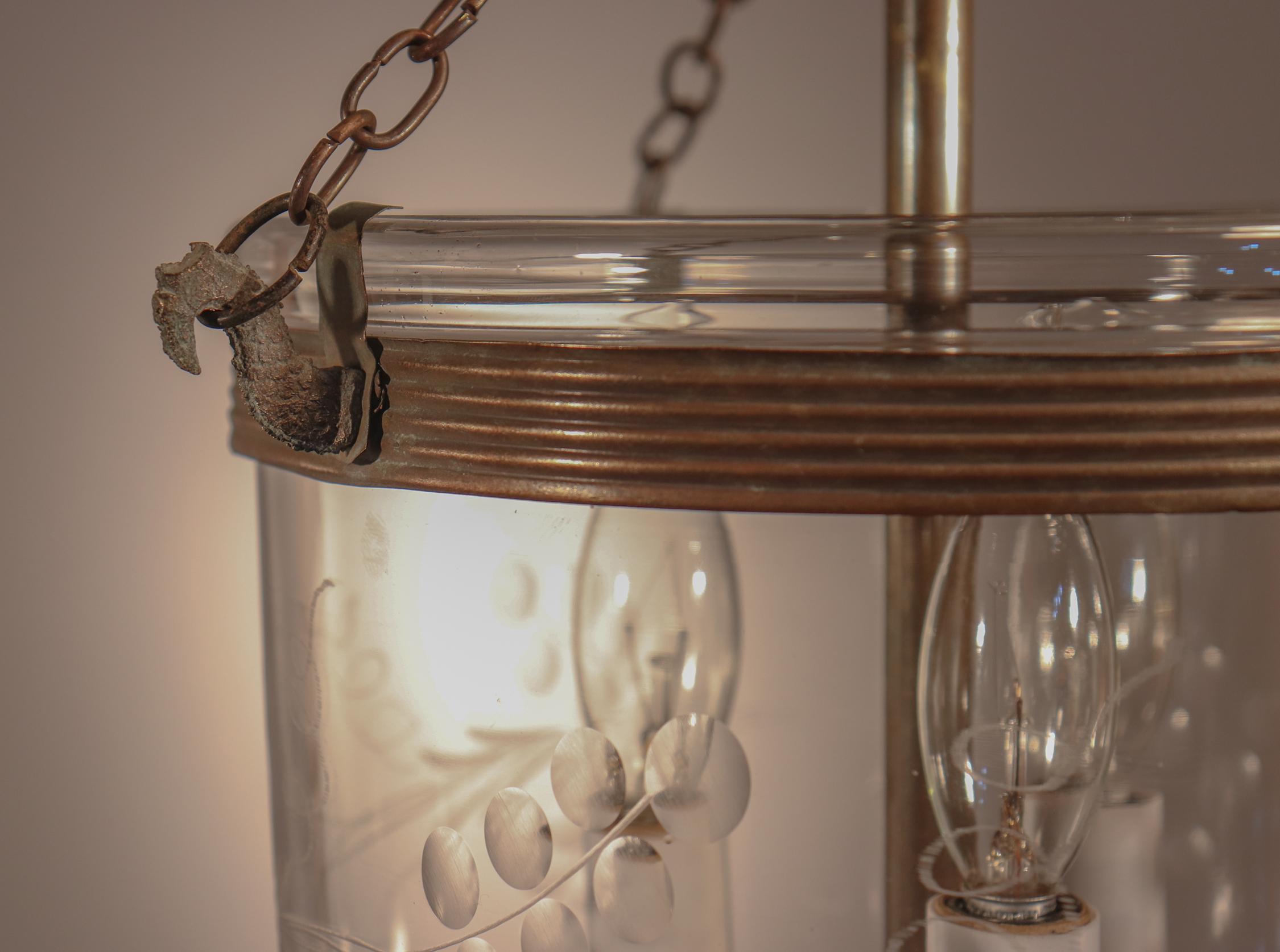 Antique Petite Bell Jar Lantern with Vine Etching In Good Condition In Heath, MA
