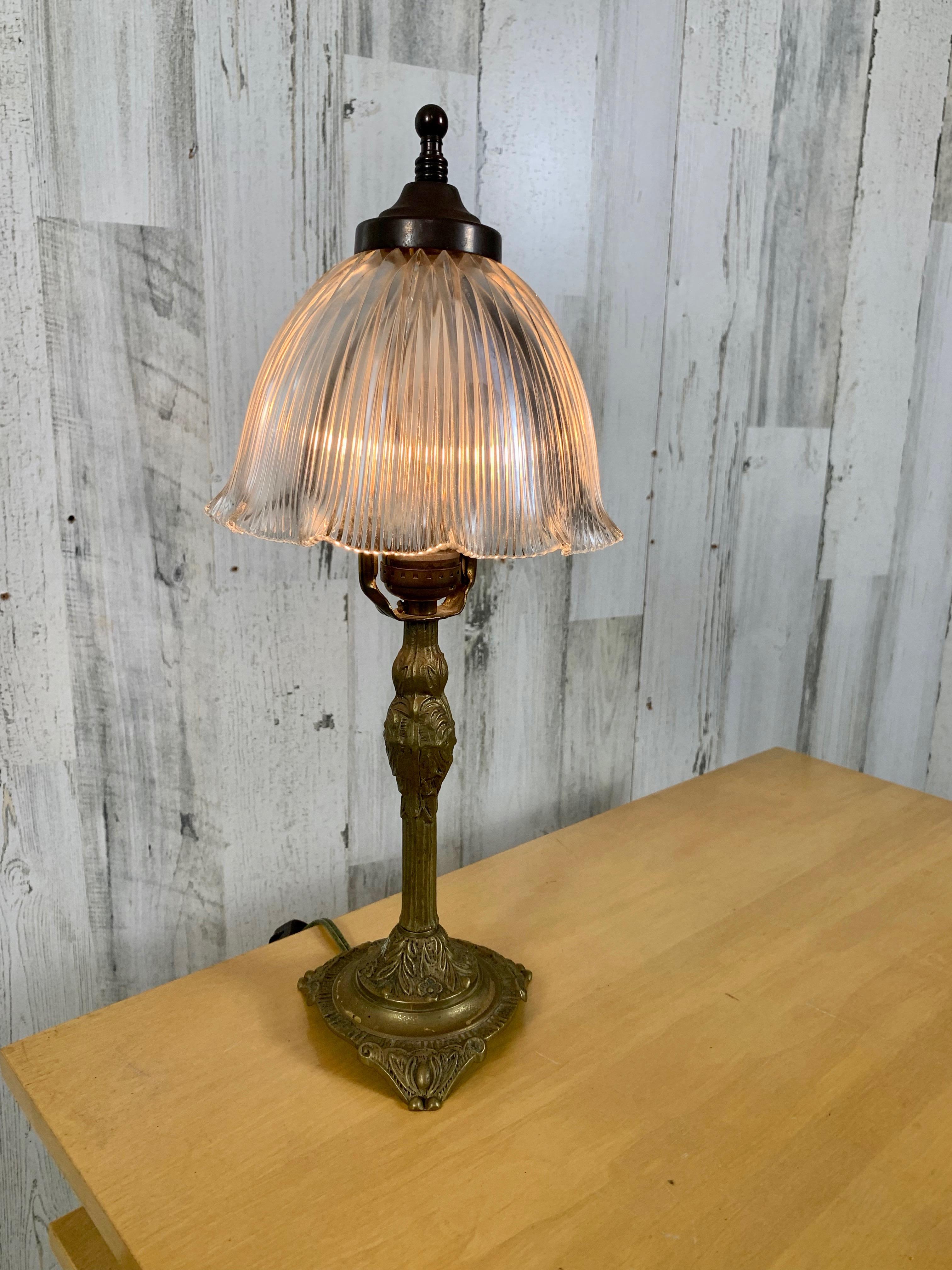 Petit brass mantle lamp with scalloped pleated shade by Holophane. perfect for small spaces.
