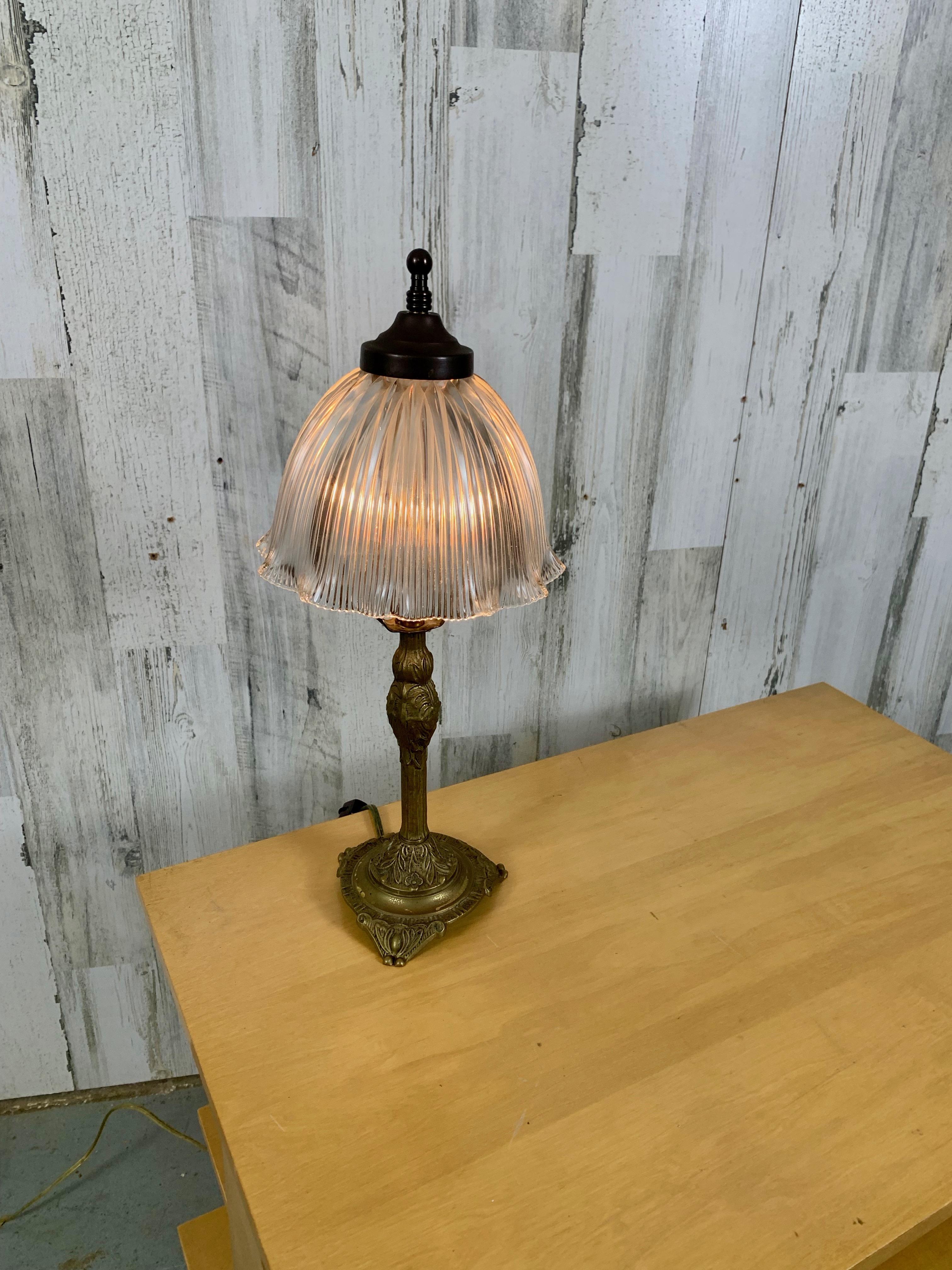 Art Nouveau Antique Petite Bookshelf Lamp with Holophane Shade For Sale