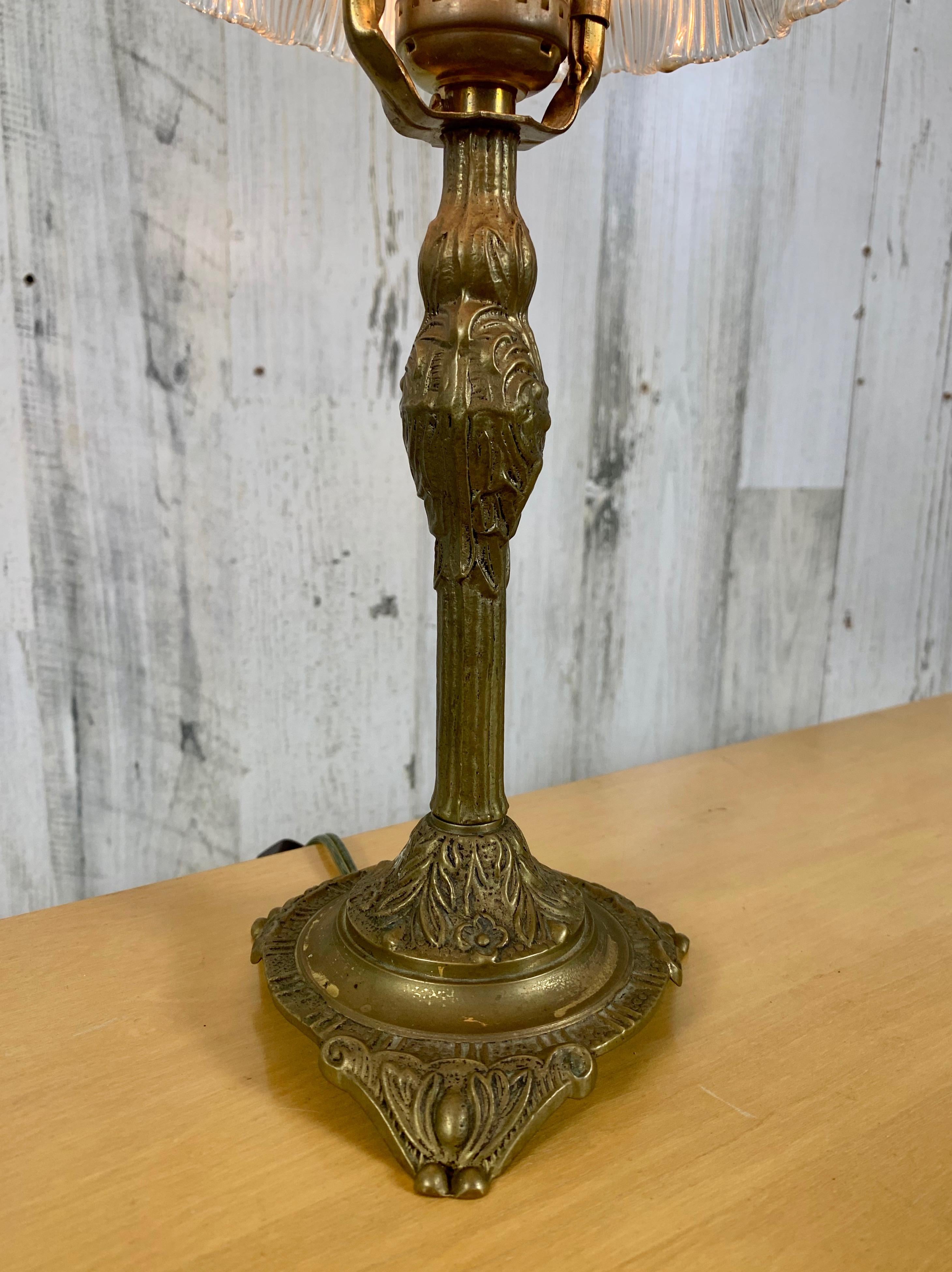 Antique Petite Bookshelf Lamp with Holophane Shade In Good Condition For Sale In Denton, TX