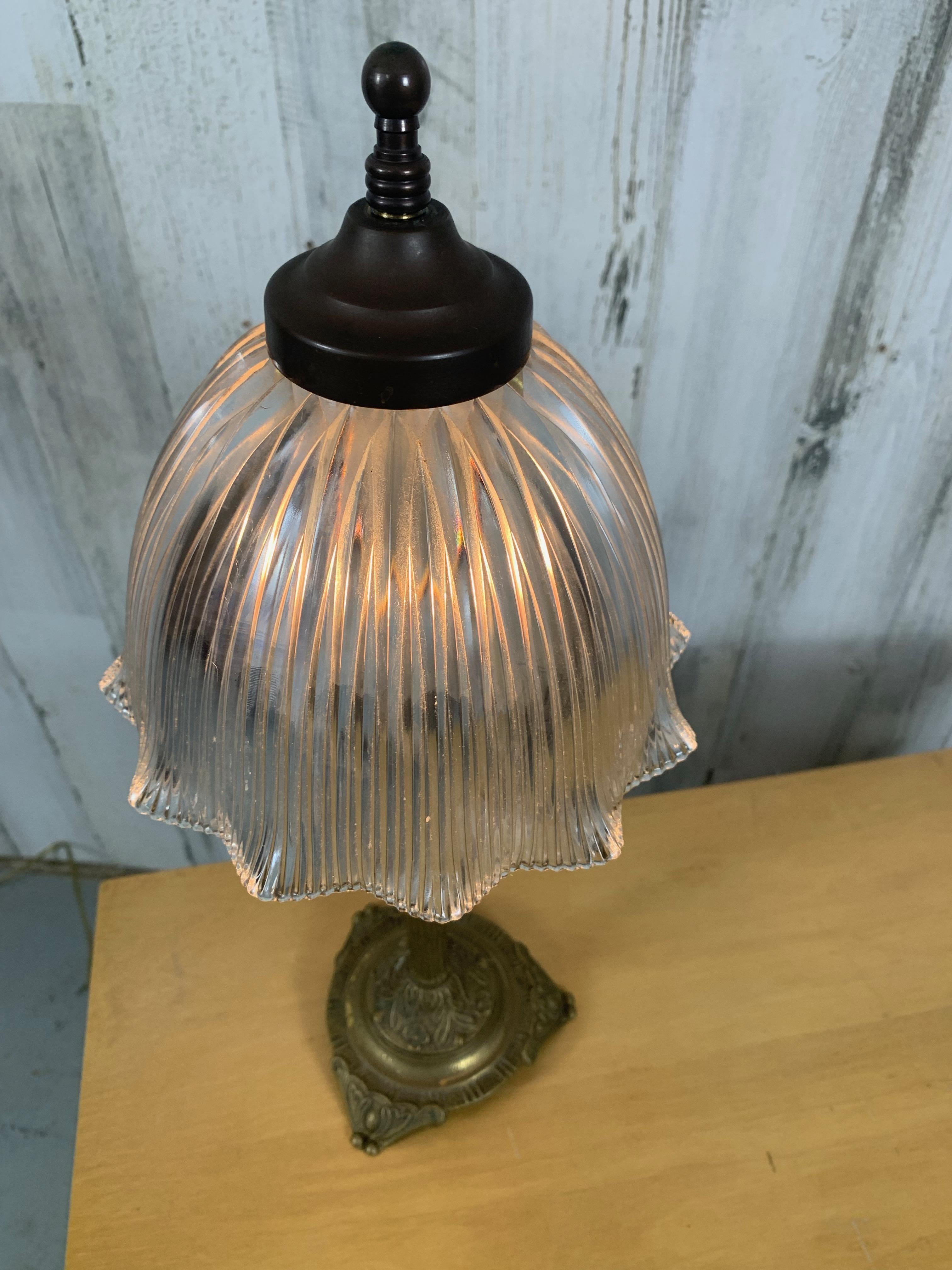 Brass Antique Petite Bookshelf Lamp with Holophane Shade For Sale