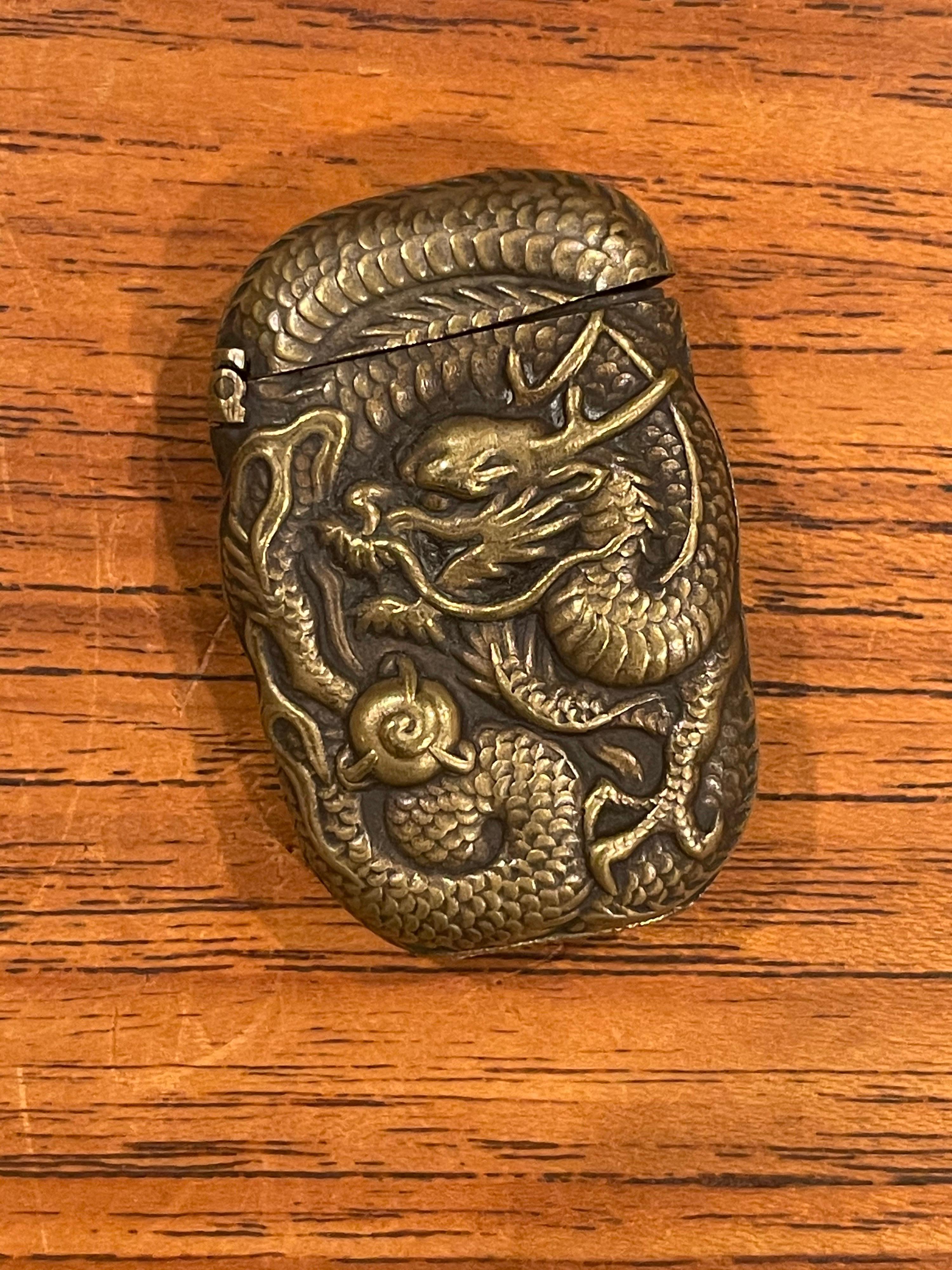 American Antique Petite Bronze Dragon / Griffin Pattern Repousse Match Safe / Vesta For Sale