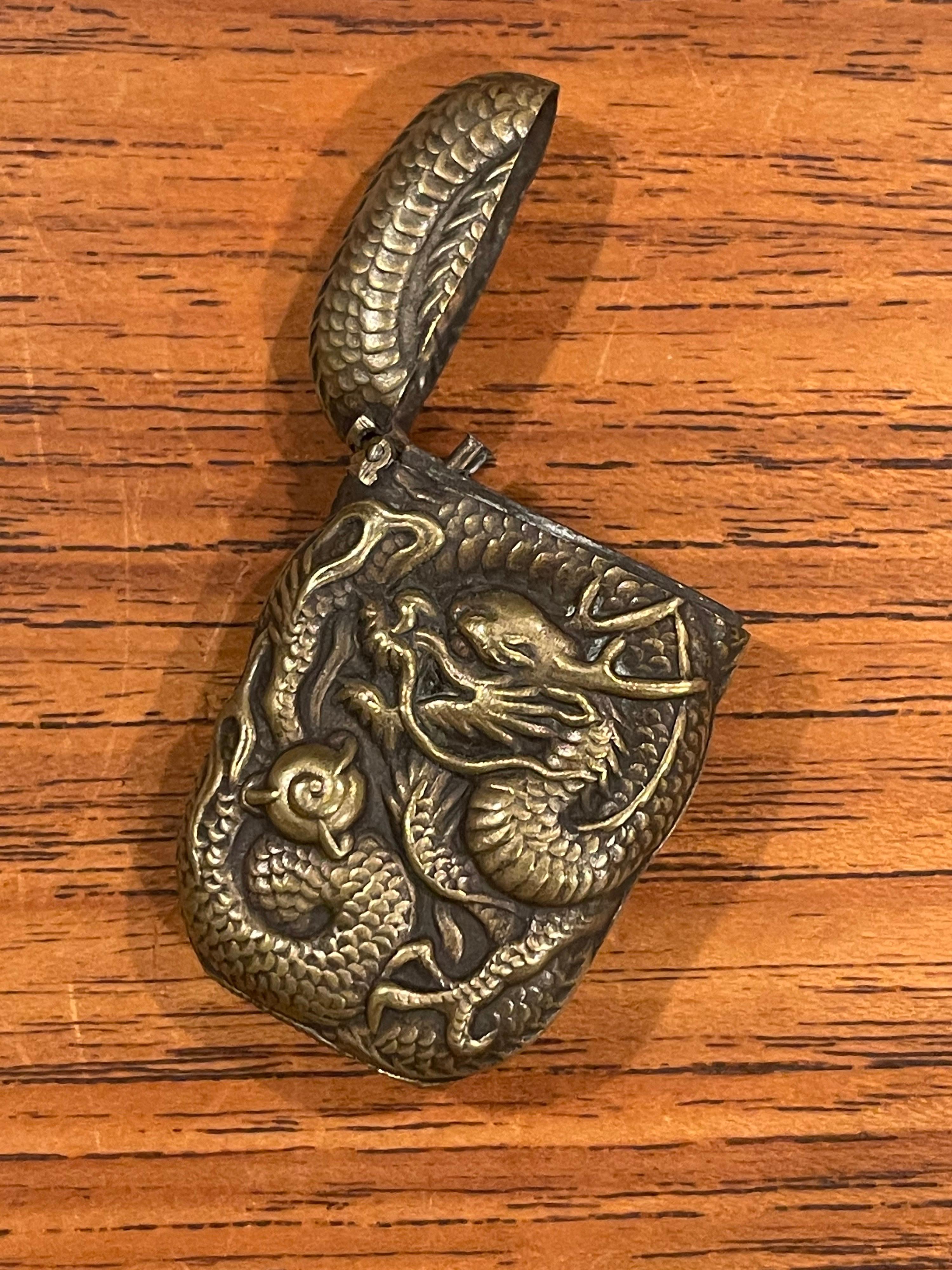 Repoussé Antique Petite Bronze Dragon / Griffin Pattern Repousse Match Safe / Vesta For Sale