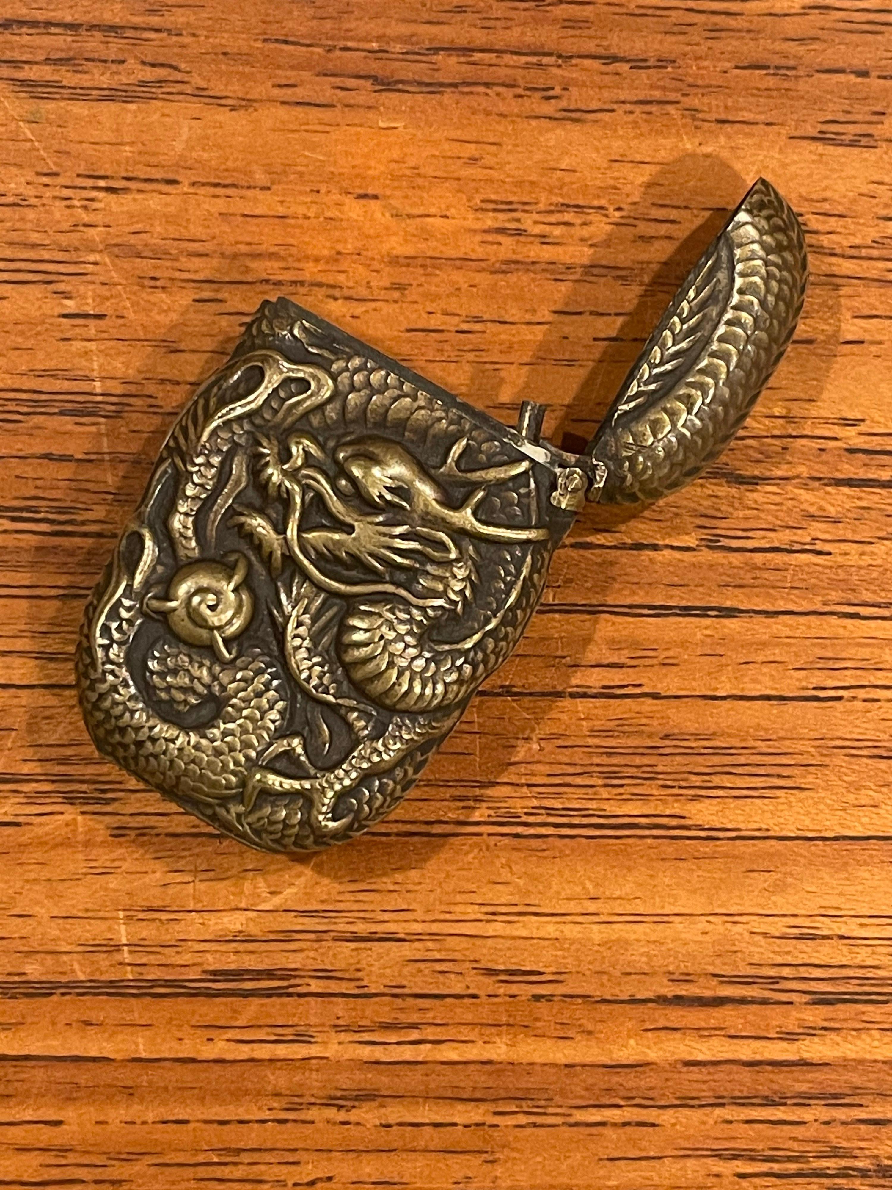 Antique Petite Bronze Dragon / Griffin Pattern Repousse Match Safe / Vesta In Good Condition For Sale In San Diego, CA