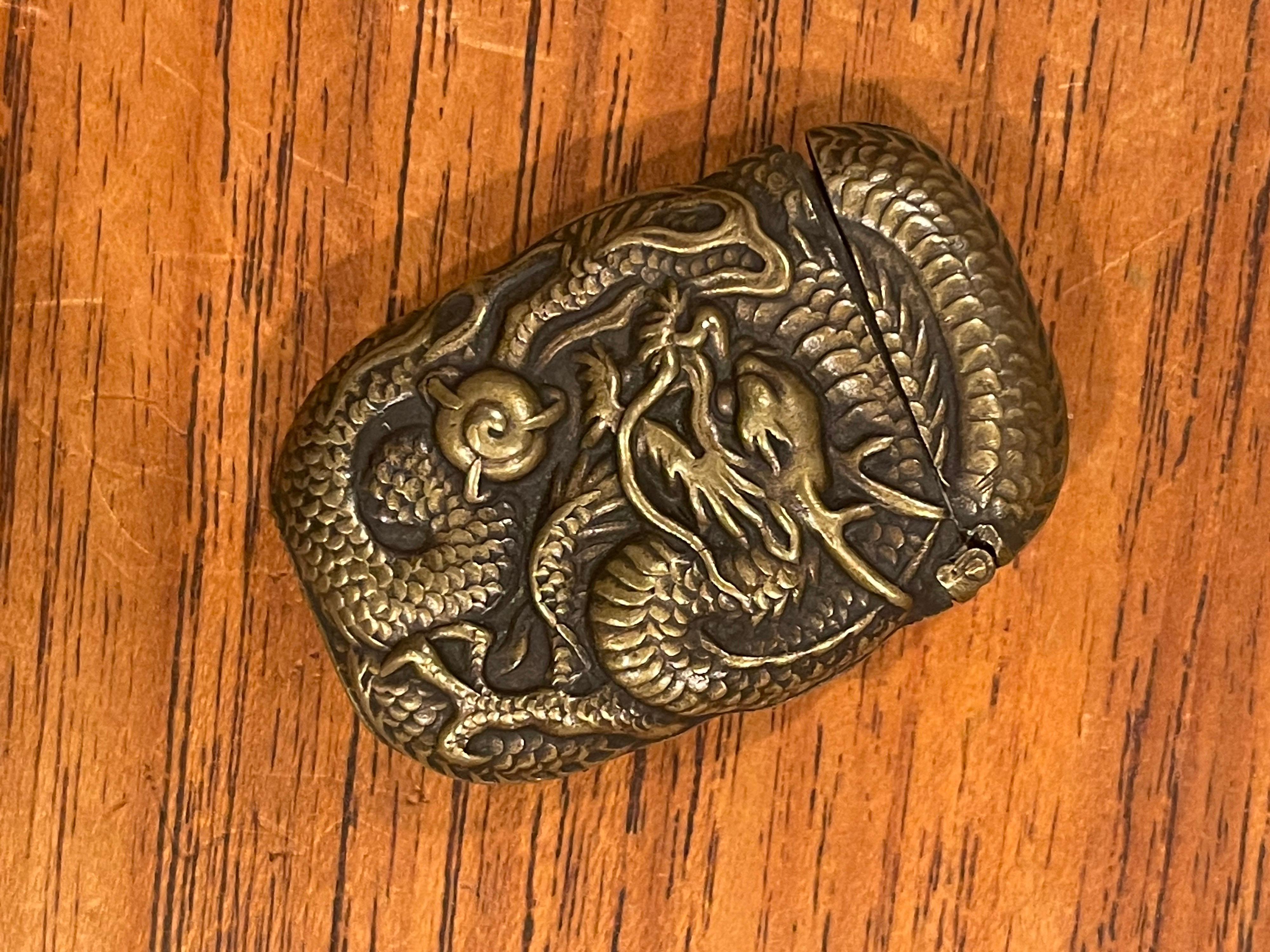 Antique Petite Bronze Dragon / Griffin Pattern Repousse Match Safe / Vesta For Sale 3