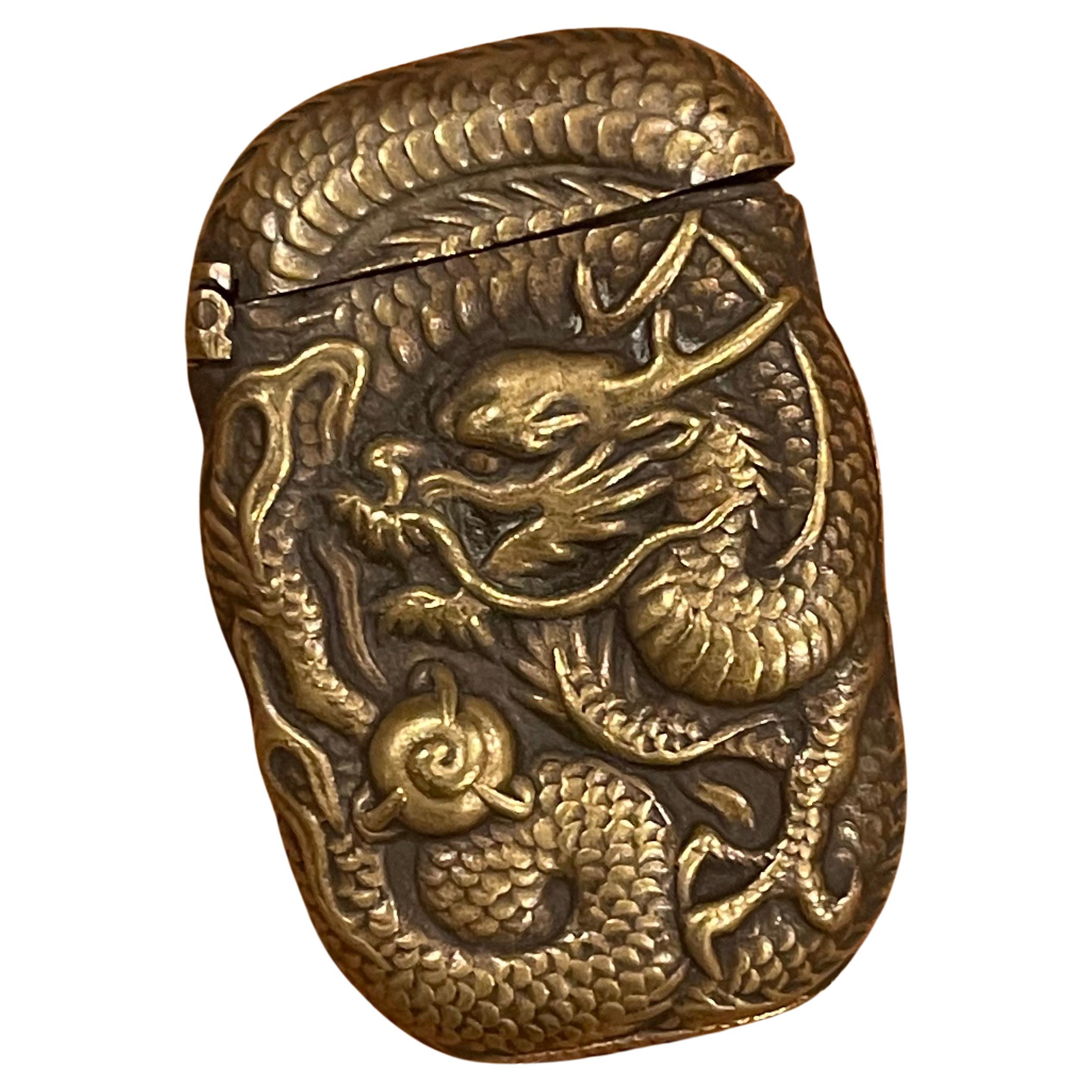 Antique Petite Bronze Dragon / Griffin Pattern Repousse Match Safe / Vesta For Sale