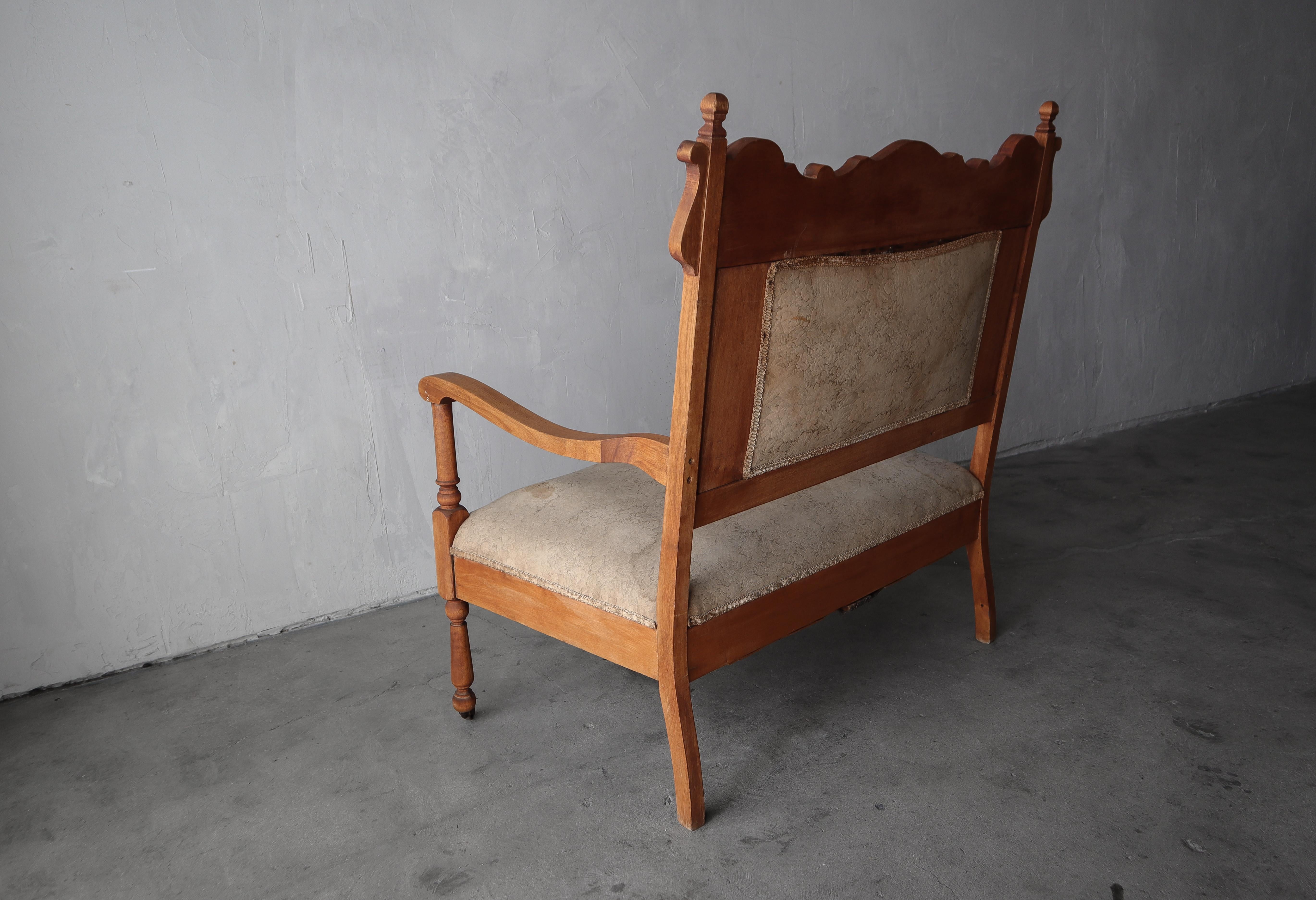 19th Century Antique Petite Carved Wood Settee Oversized Chair For Sale
