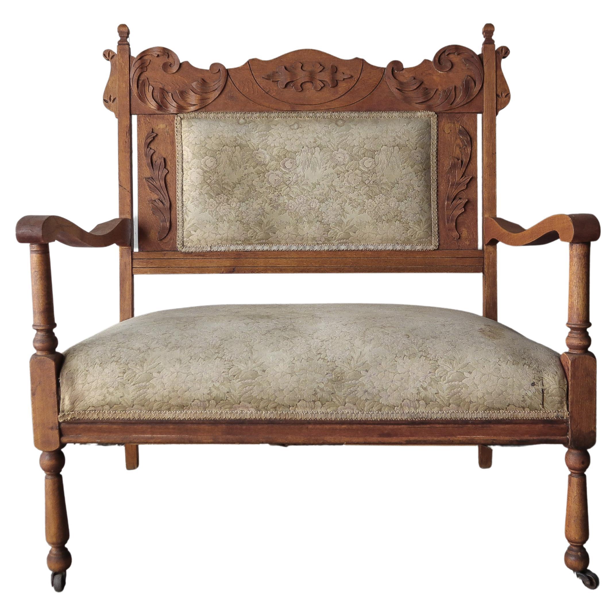 Antique Petite Carved Wood Settee Oversized Chair For Sale