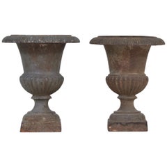 Antique Petite Cast Iron Urns, a Pair Antique Petite Cast Iron Urns, a Pair