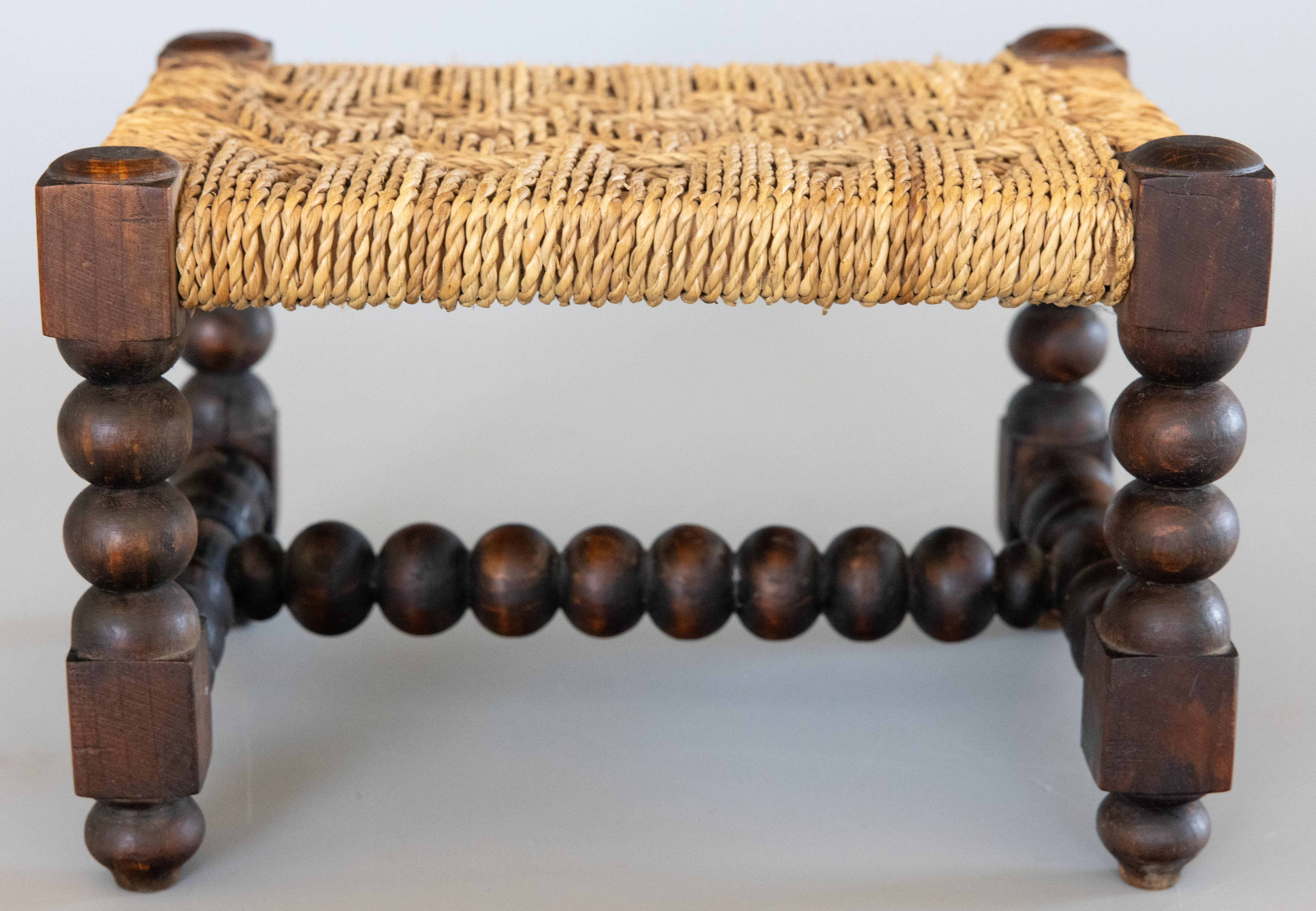 Early 20th Century Antique Petite English Oak Woven Cord Rope Footstool Riser or Stand circa 1920 For Sale