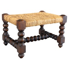 Antique Petite English Oak Woven Cord Rope Footstool Riser or Stand circa 1920