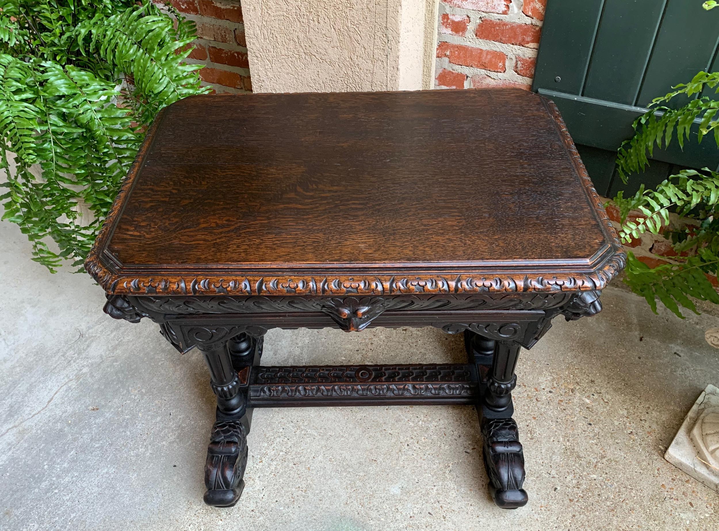 Antique Petite French Carved Oak Dolphin Table Desk Renaissance Gothic 19th C For Sale 5
