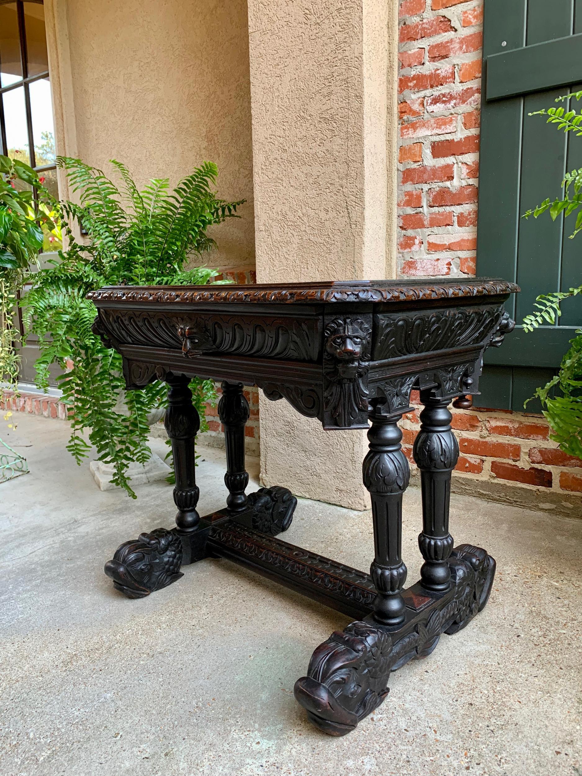 Antique Petite French Carved Oak Dolphin Table Desk Renaissance Gothic 19th C For Sale 8