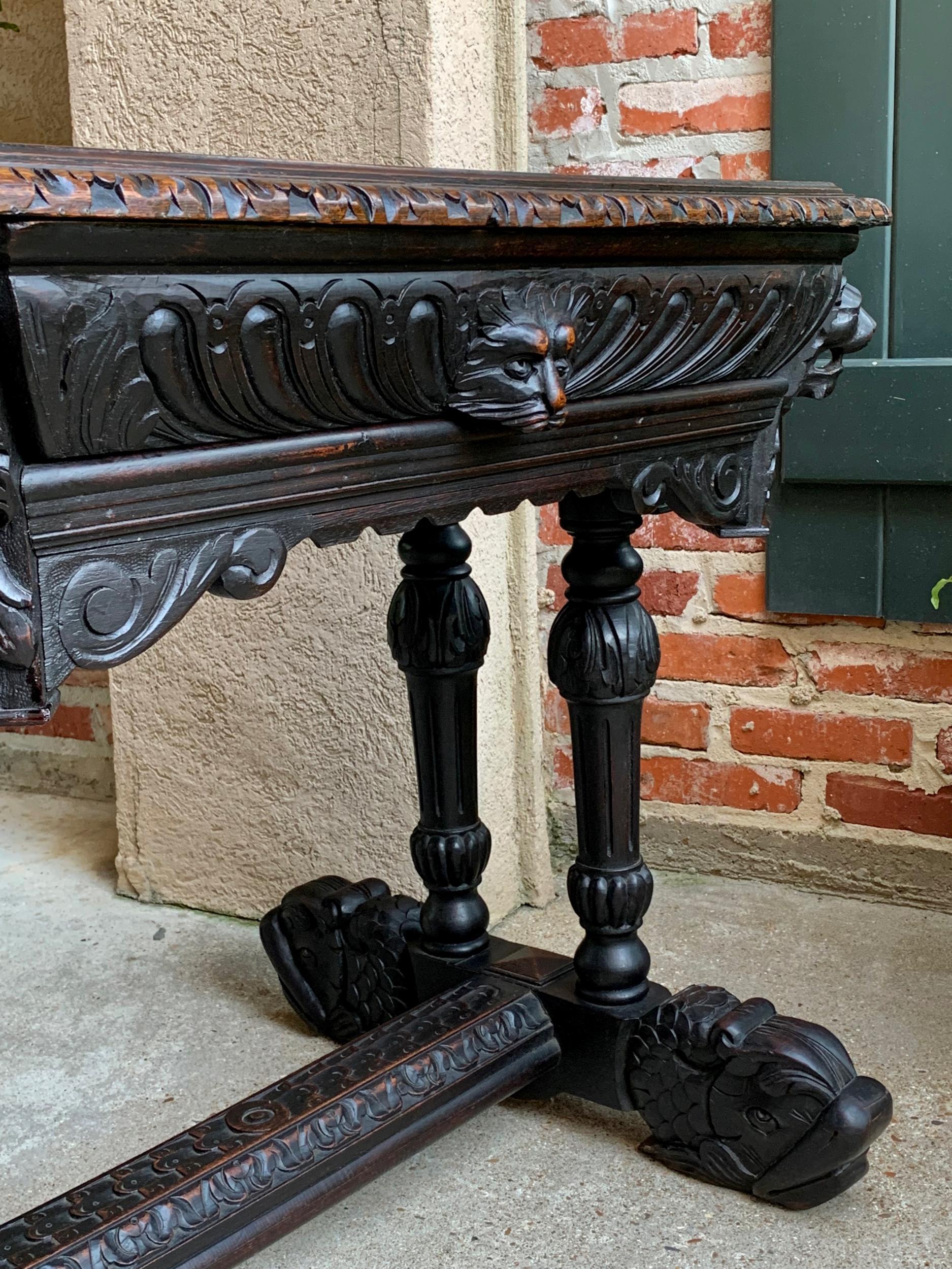 Antique Petite French Carved Oak Dolphin Table Desk Renaissance Gothic 19th C For Sale 10