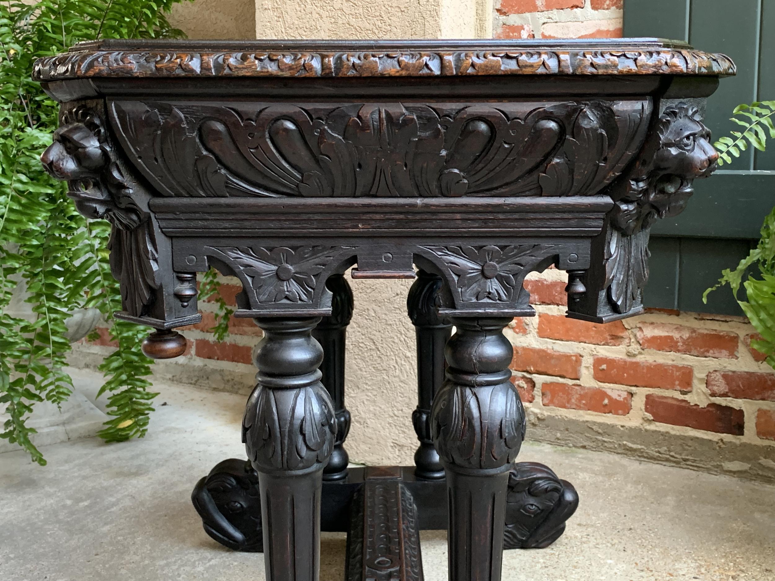 Antique Petite French Carved Oak Dolphin Table Desk Renaissance Gothic 19th C For Sale 11