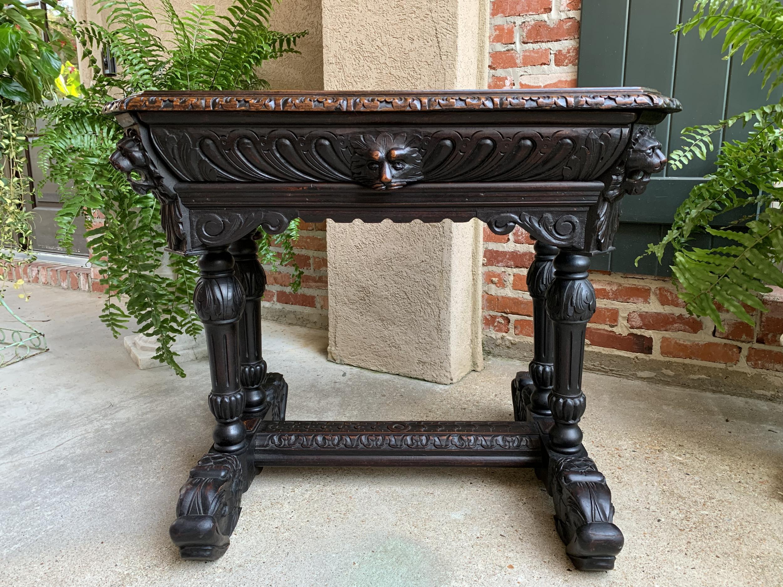 Hand-Carved Antique Petite French Carved Oak Dolphin Table Desk Renaissance Gothic 19th C For Sale