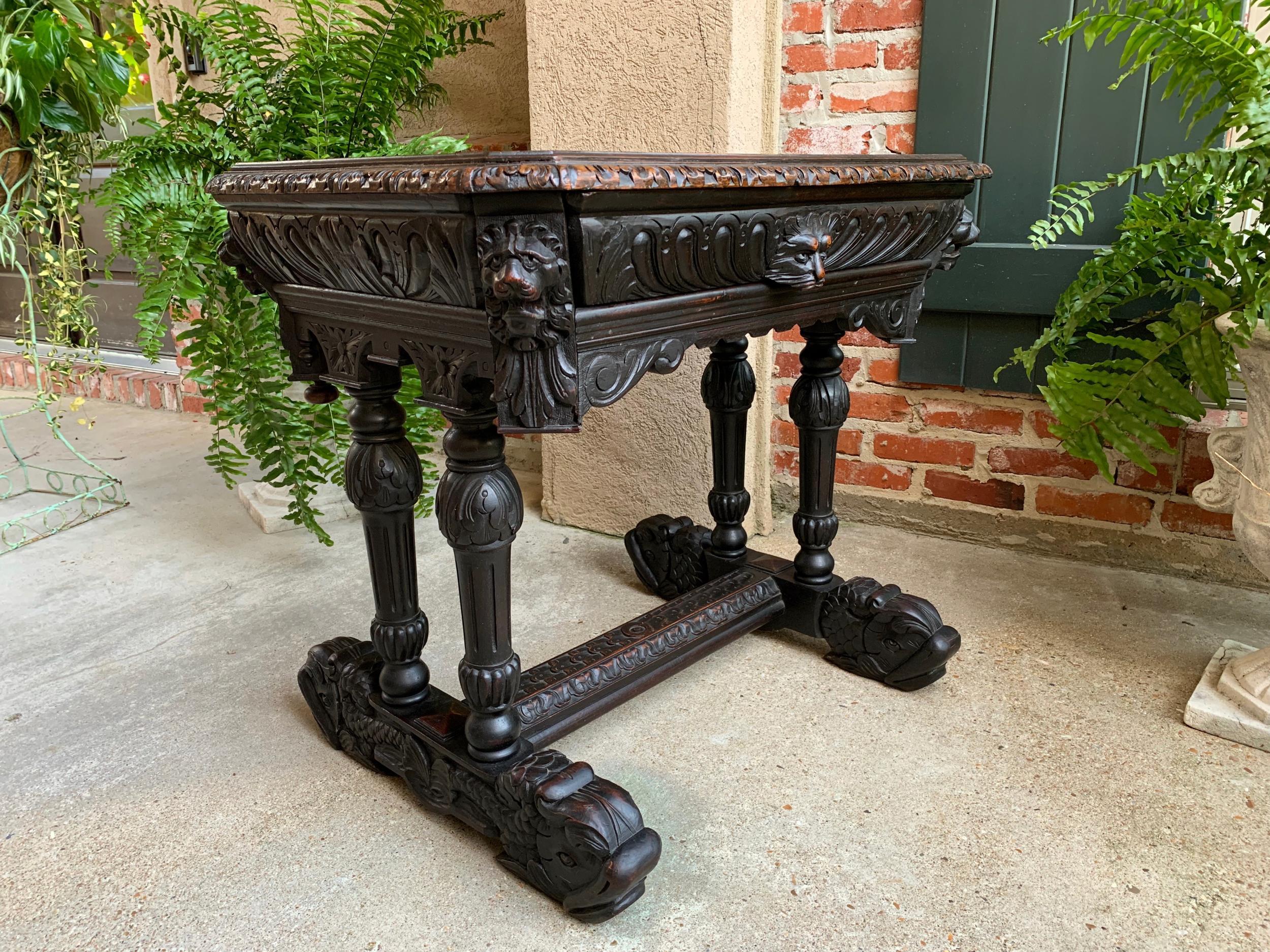 Antique Petite French Carved Oak Dolphin Table Desk Renaissance Gothic 19th C In Good Condition For Sale In Shreveport, LA