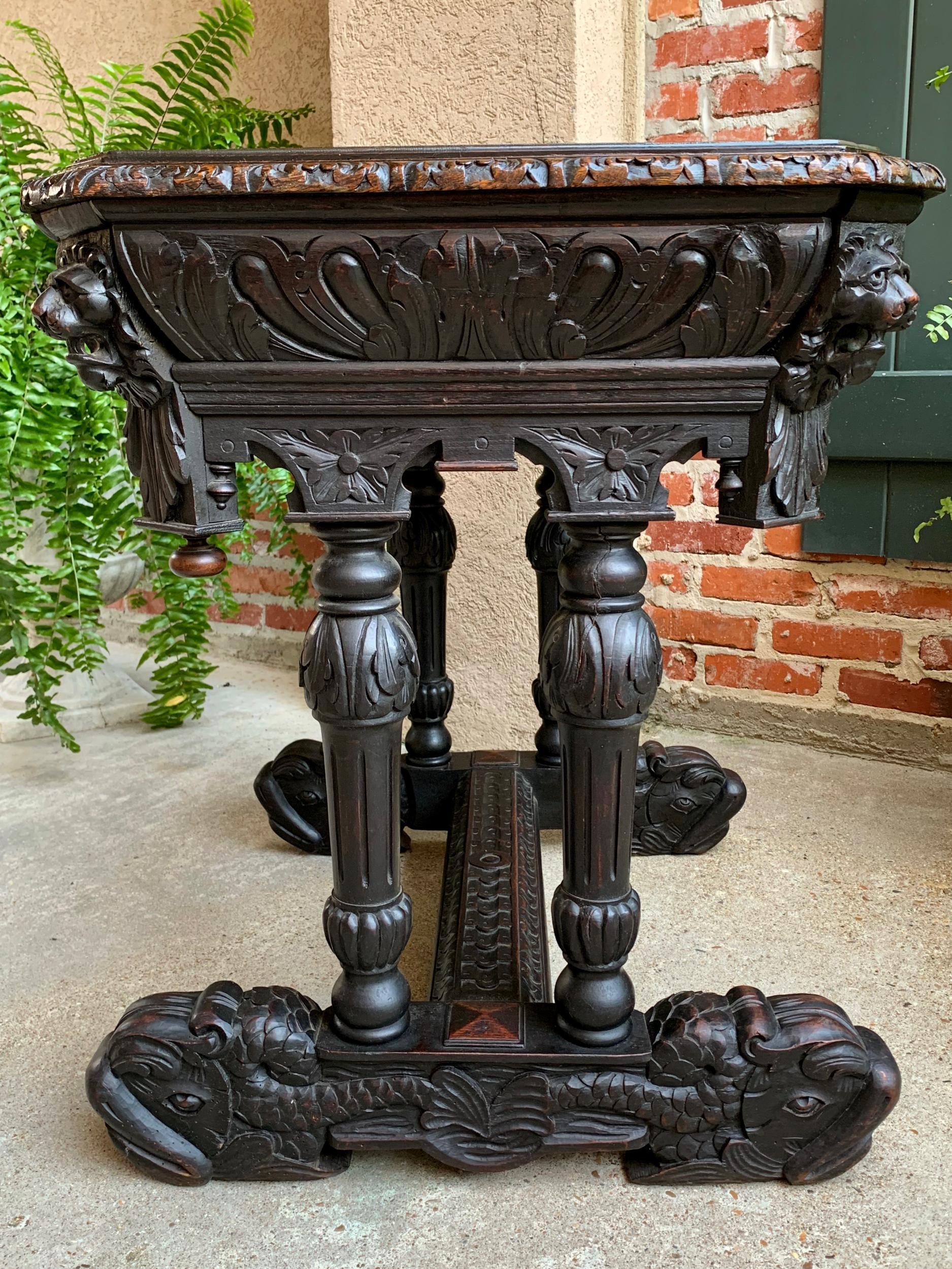 19th Century Antique Petite French Carved Oak Dolphin Table Desk Renaissance Gothic 19th C For Sale