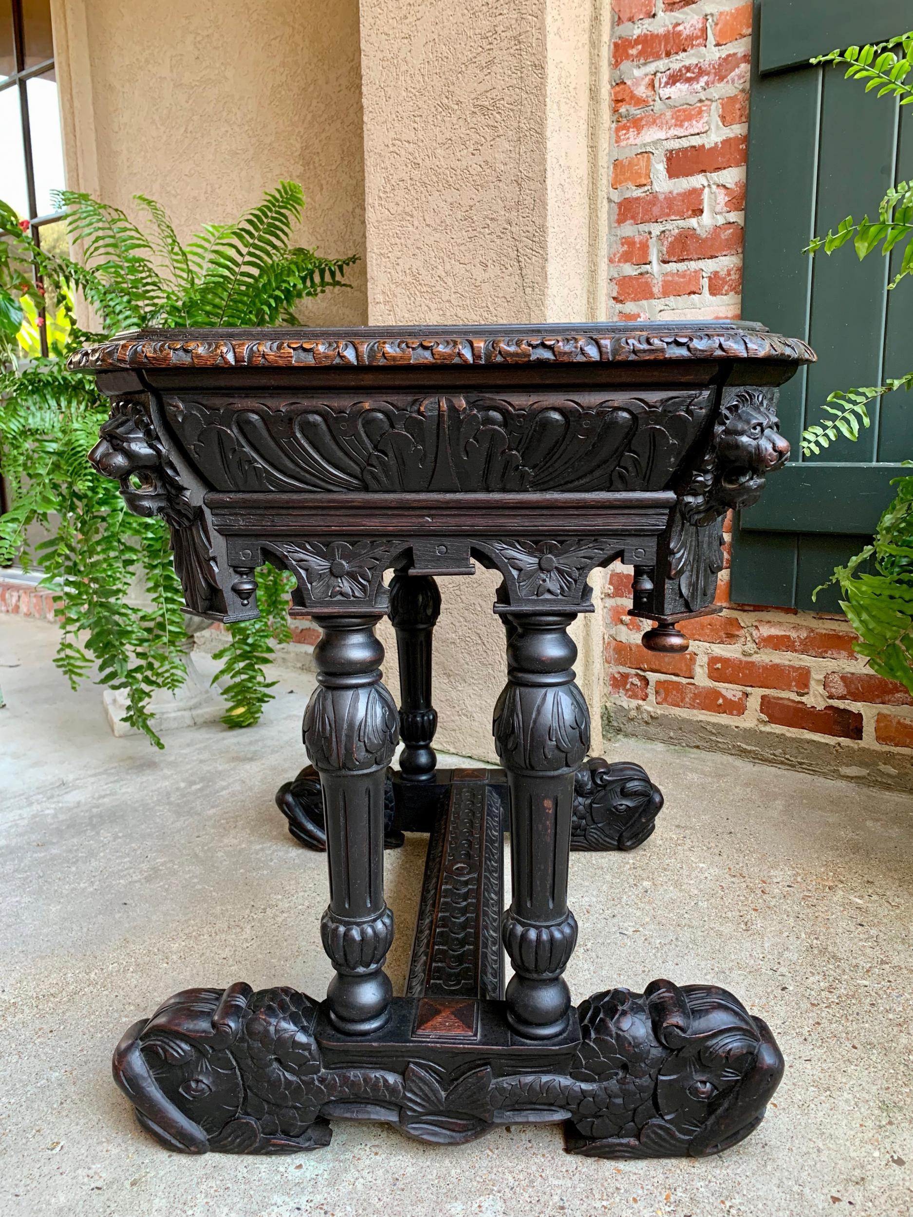 Antique Petite French Carved Oak Dolphin Table Desk Renaissance Gothic 19th C For Sale 1