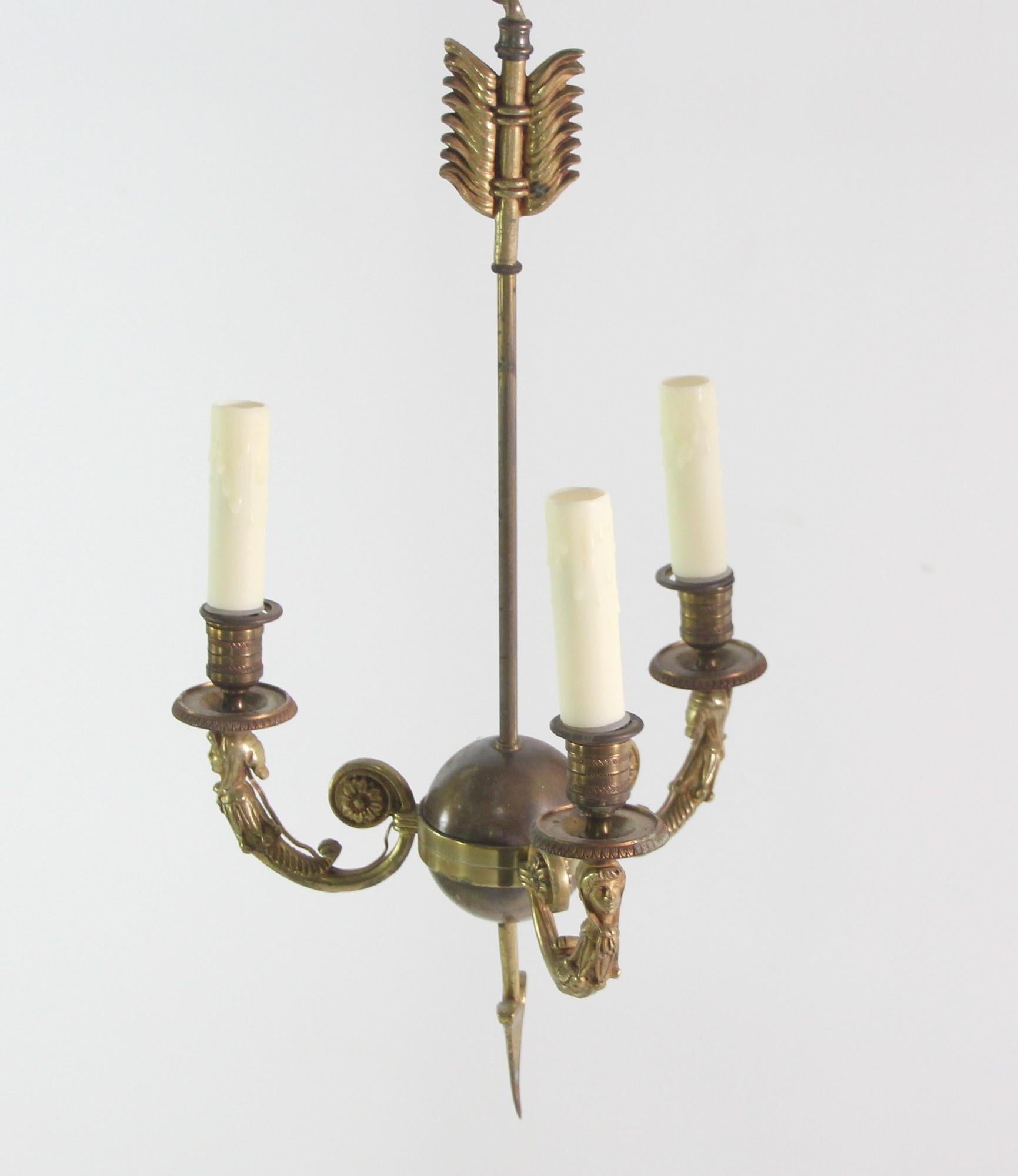 Antique Petite French Figual Brass Chandelier with 3 Arms 6