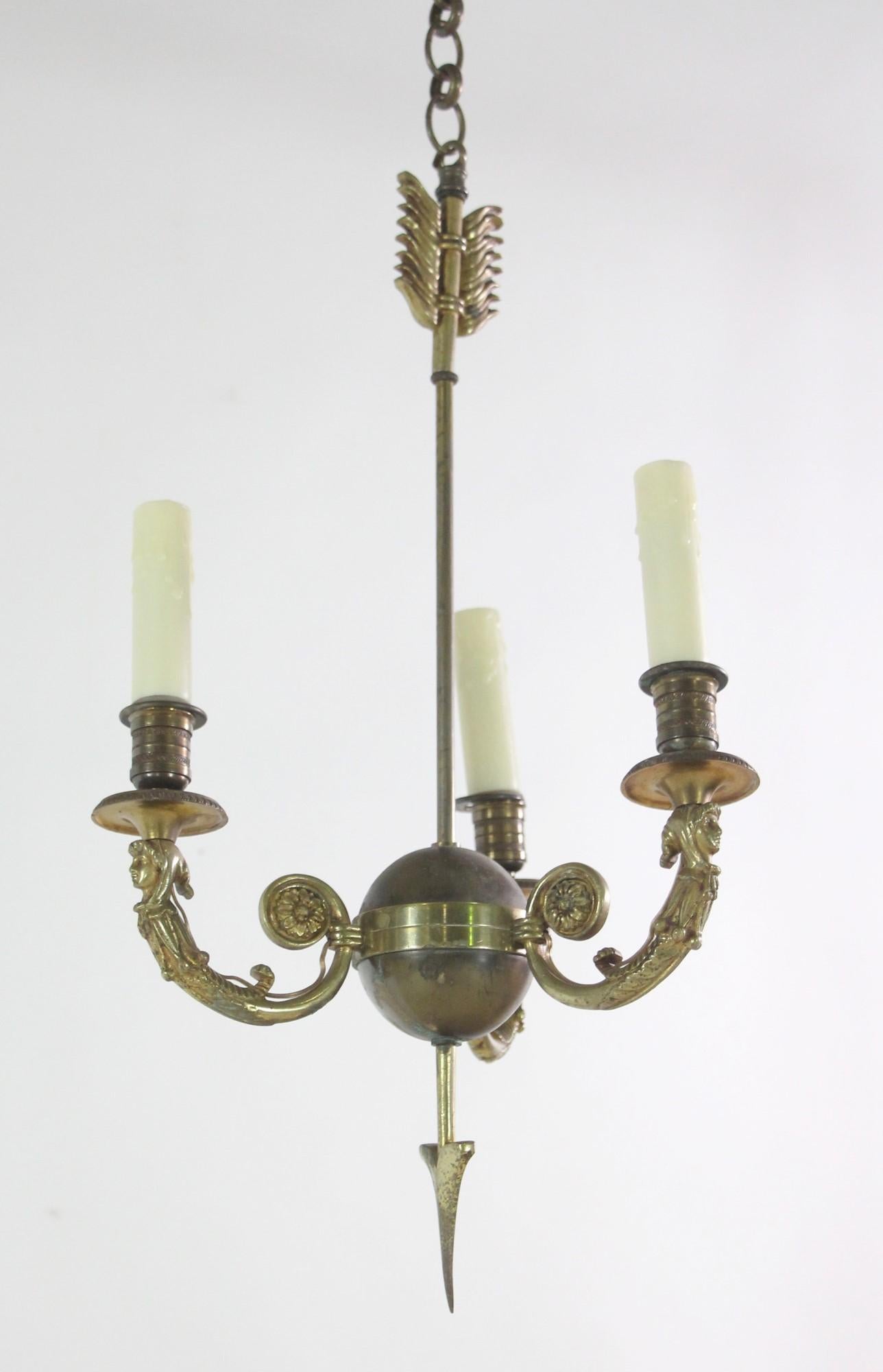 Antique Petite French Figual Brass Chandelier with 3 Arms In Good Condition In New York, NY