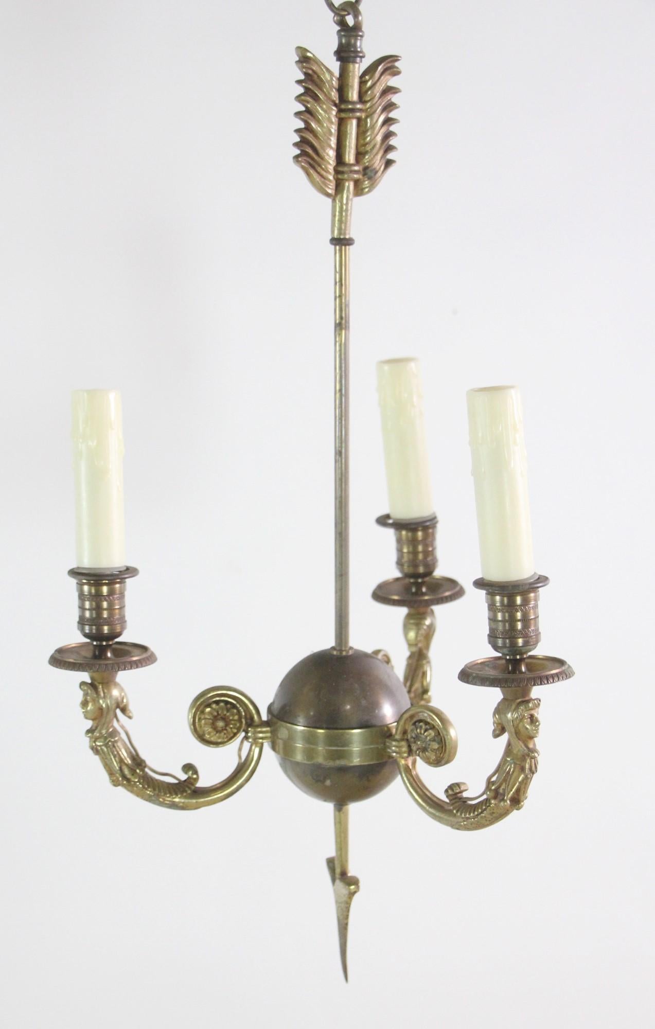 19th Century Antique Petite French Figual Brass Chandelier with 3 Arms
