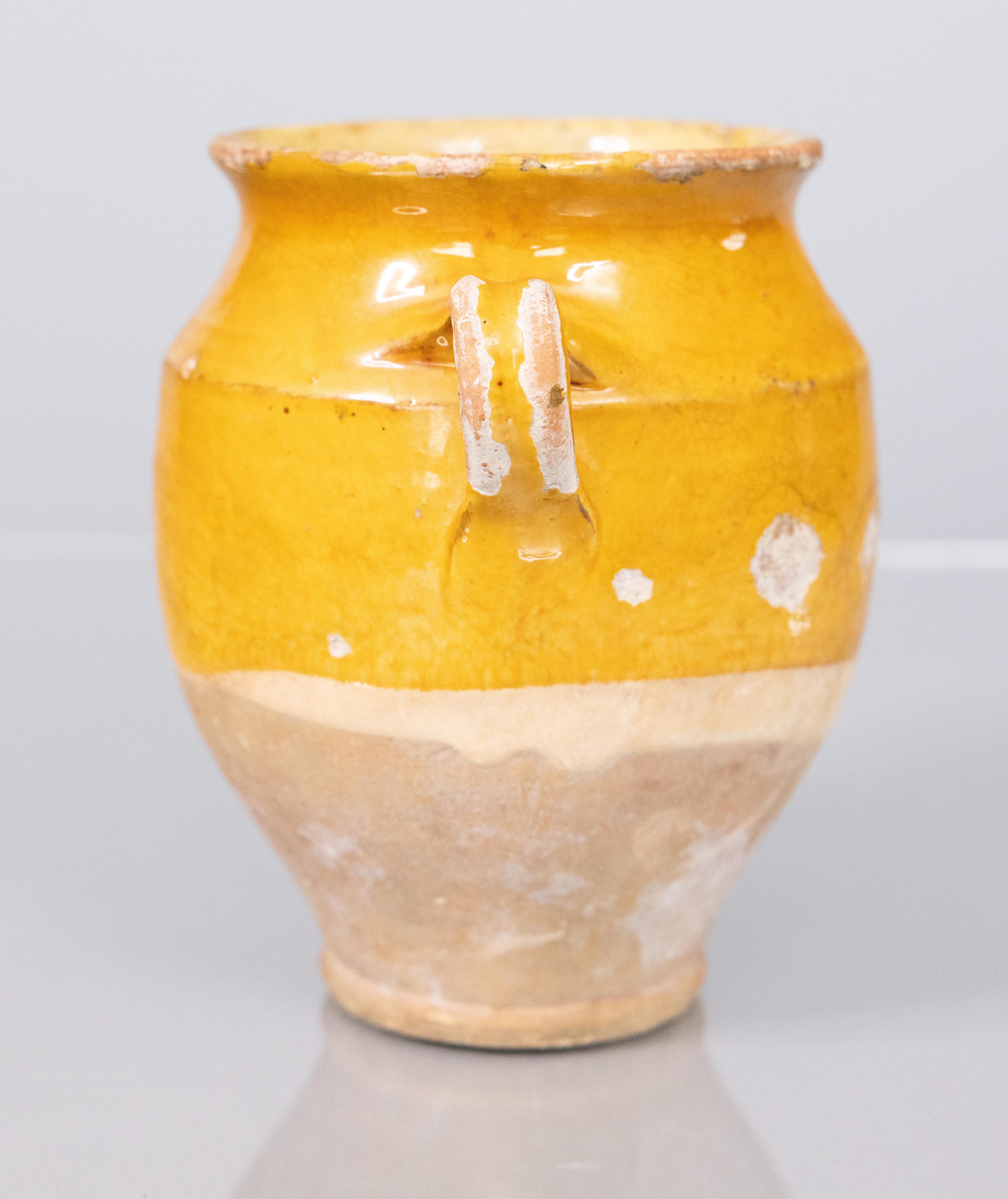 A lovely 19th century petite French confit pot with yellow glaze from the South of France, Castelnaudary. This pot or planter is hand thrown with charming handles known as 'ears'. These jars were used for storing and preserving cooked meat. This one