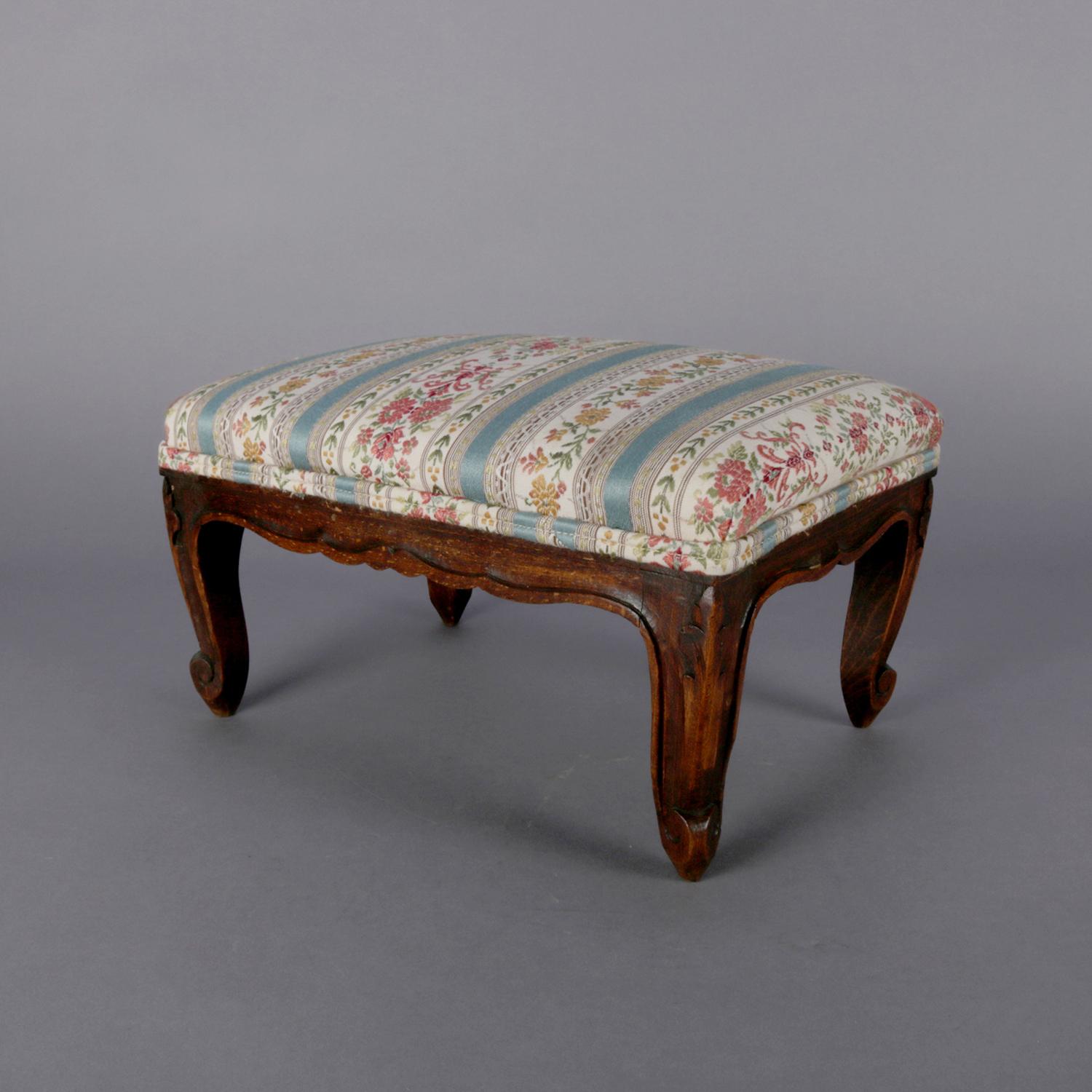 Antique Petite French Louis XVI Carved Walnut Upholstered Footstool, circa 1900 In Good Condition In Big Flats, NY