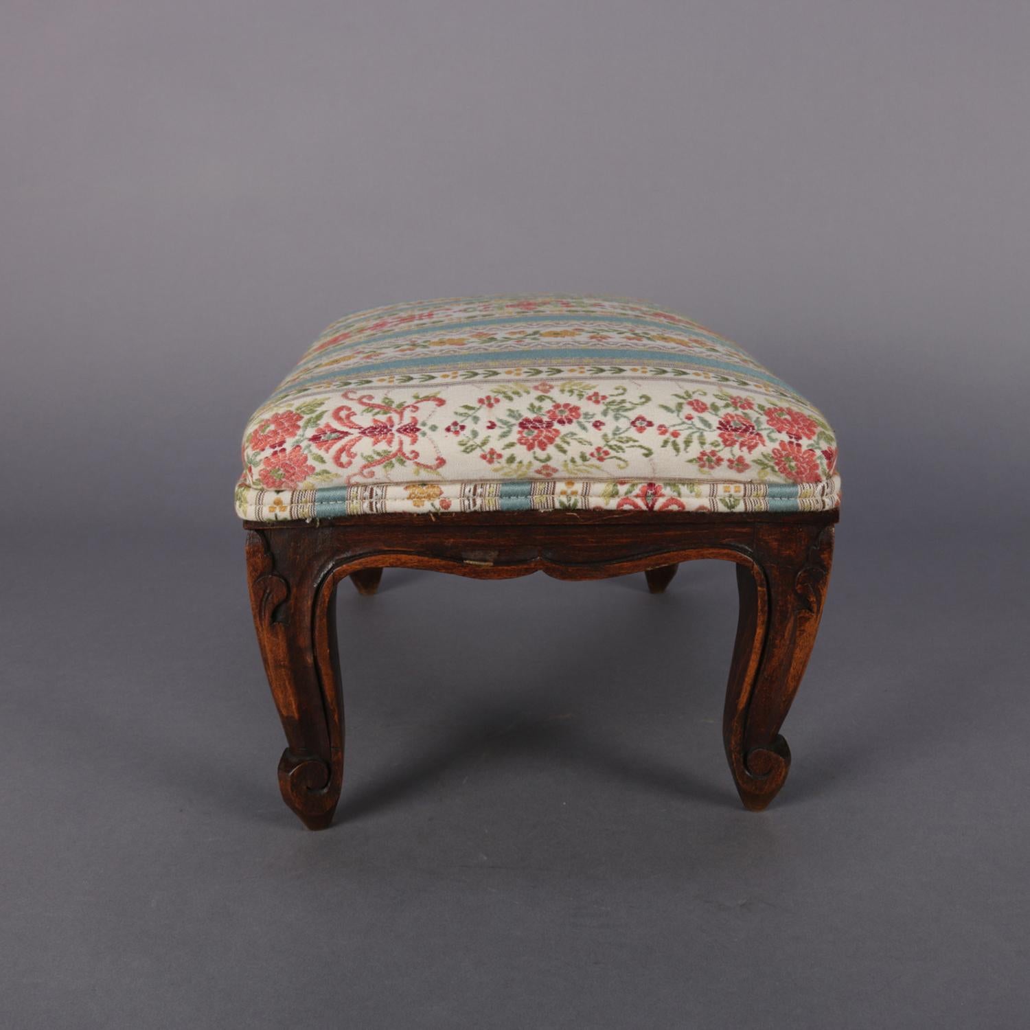 20th Century Antique Petite French Louis XVI Carved Walnut Upholstered Footstool, circa 1900