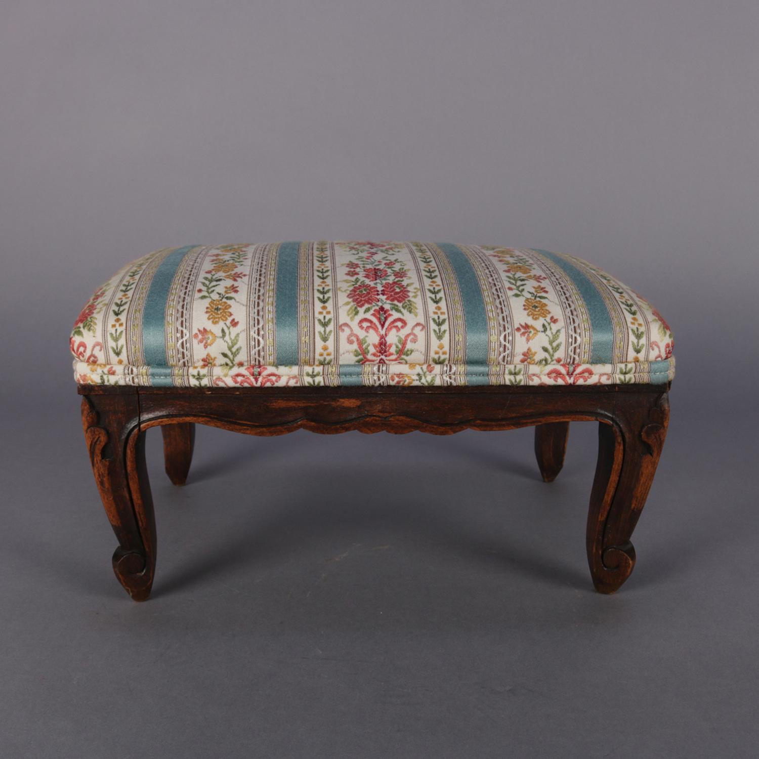 Antique Petite French Louis XVI Carved Walnut Upholstered Footstool, circa 1900 1