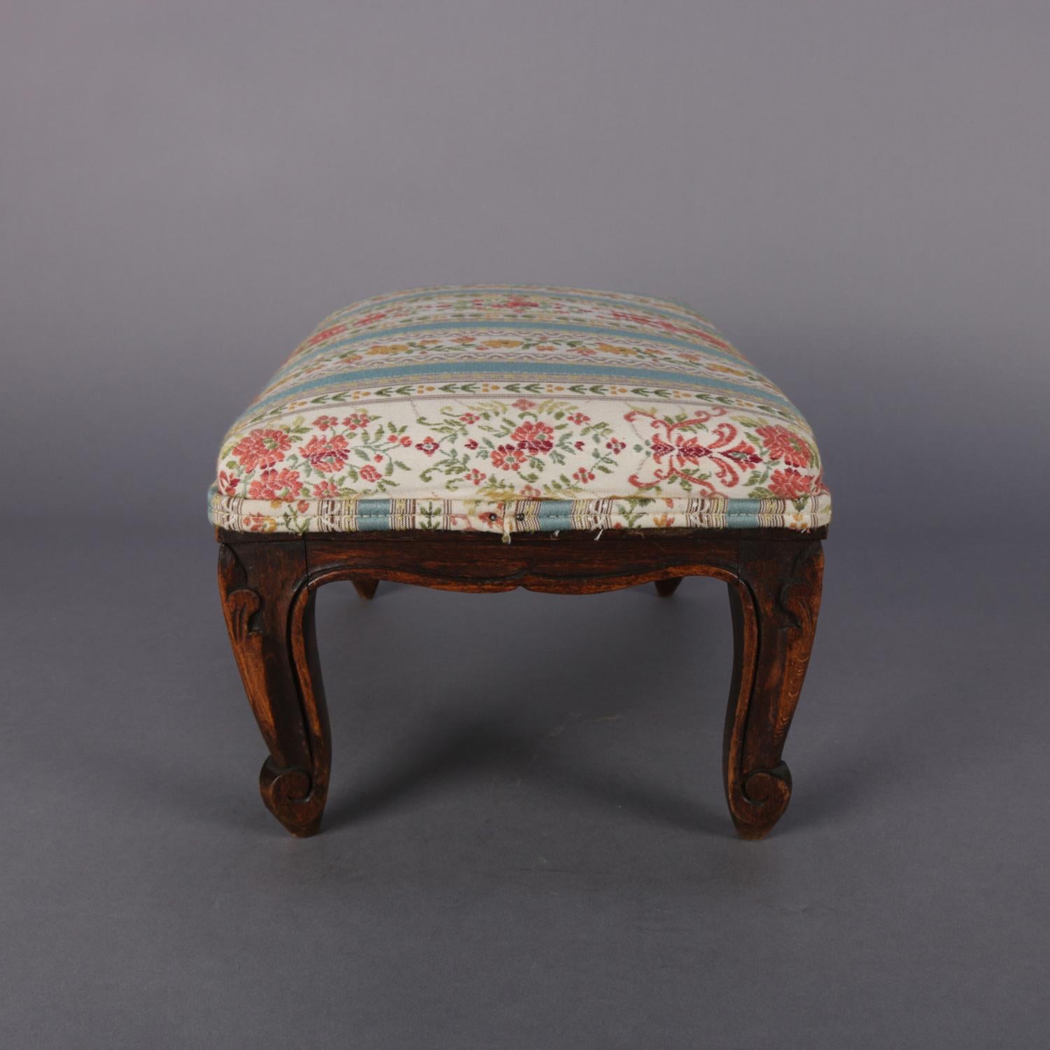Antique Petite French Louis XVI Carved Walnut Upholstered Footstool, circa 1900 2