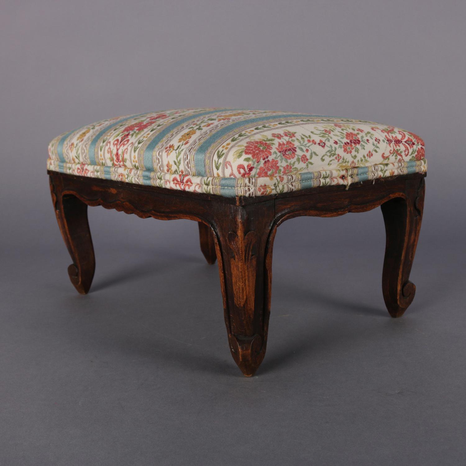 Antique Petite French Louis XVI Carved Walnut Upholstered Footstool, circa 1900 3