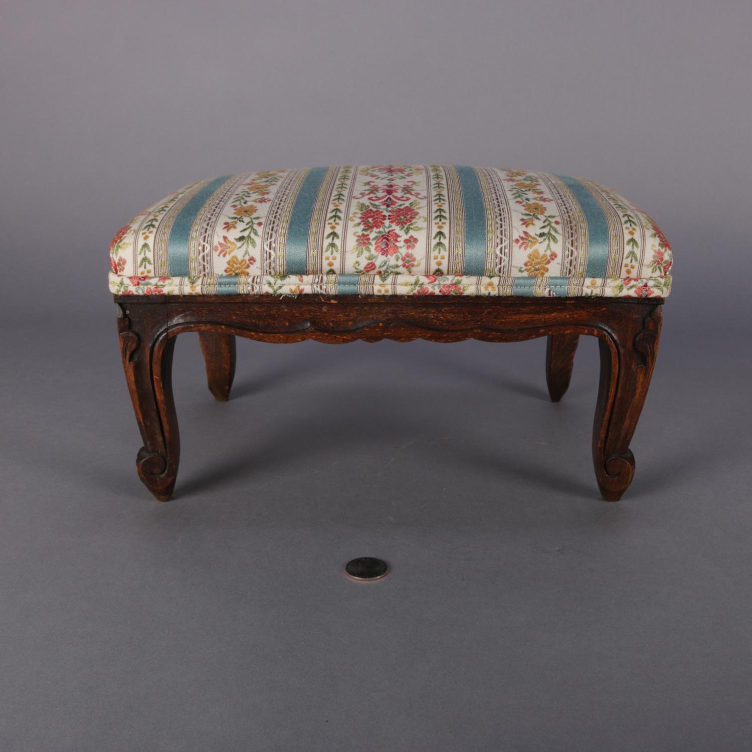 Antique Petite French Louis XVI Carved Walnut Upholstered Footstool, circa 1900 4