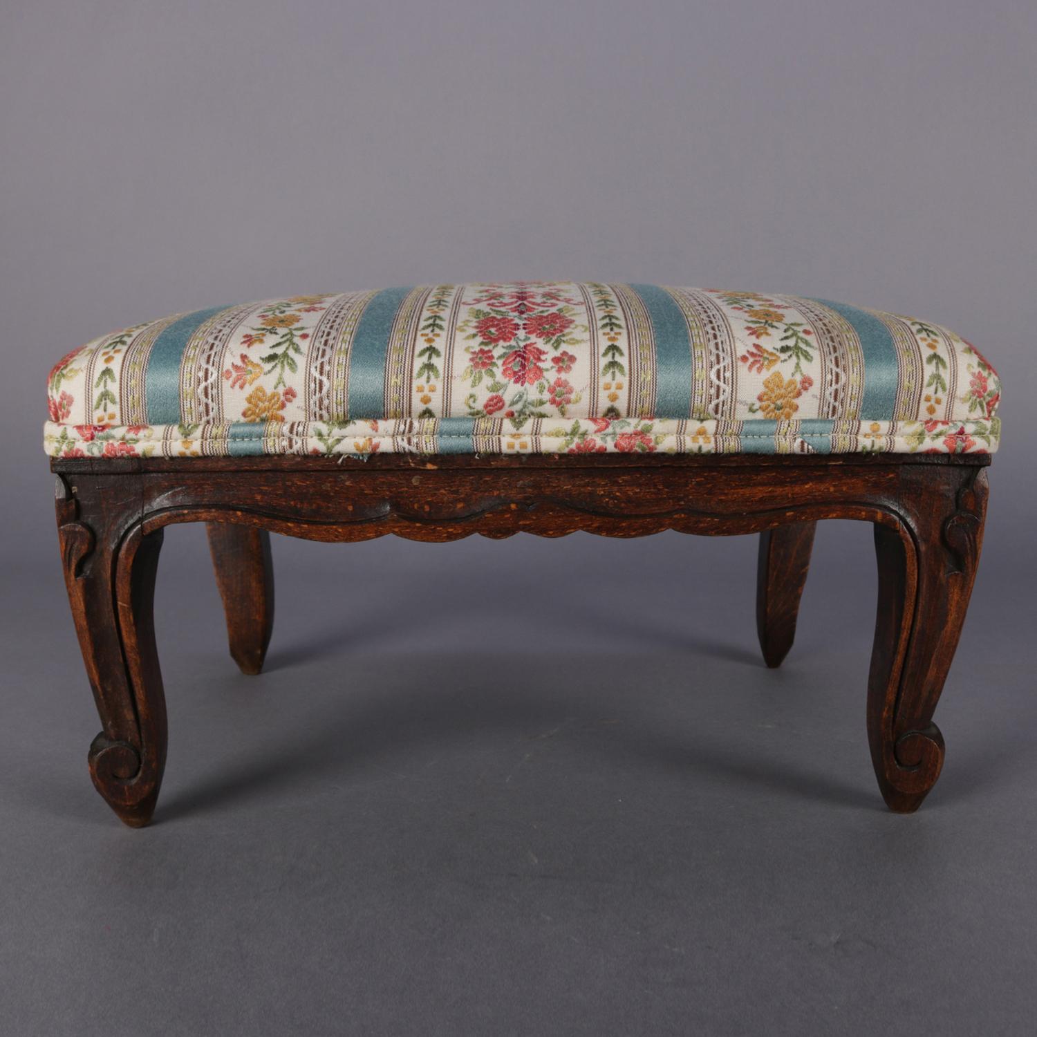 Antique Petite French Louis XVI Carved Walnut Upholstered Footstool, circa 1900 5