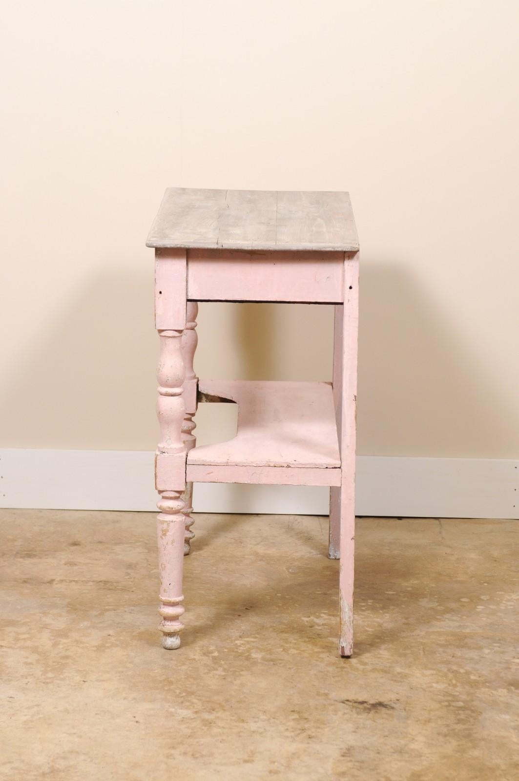 Antique Petite French Rustic SIde Table or Small Desk Pink For Sale 3