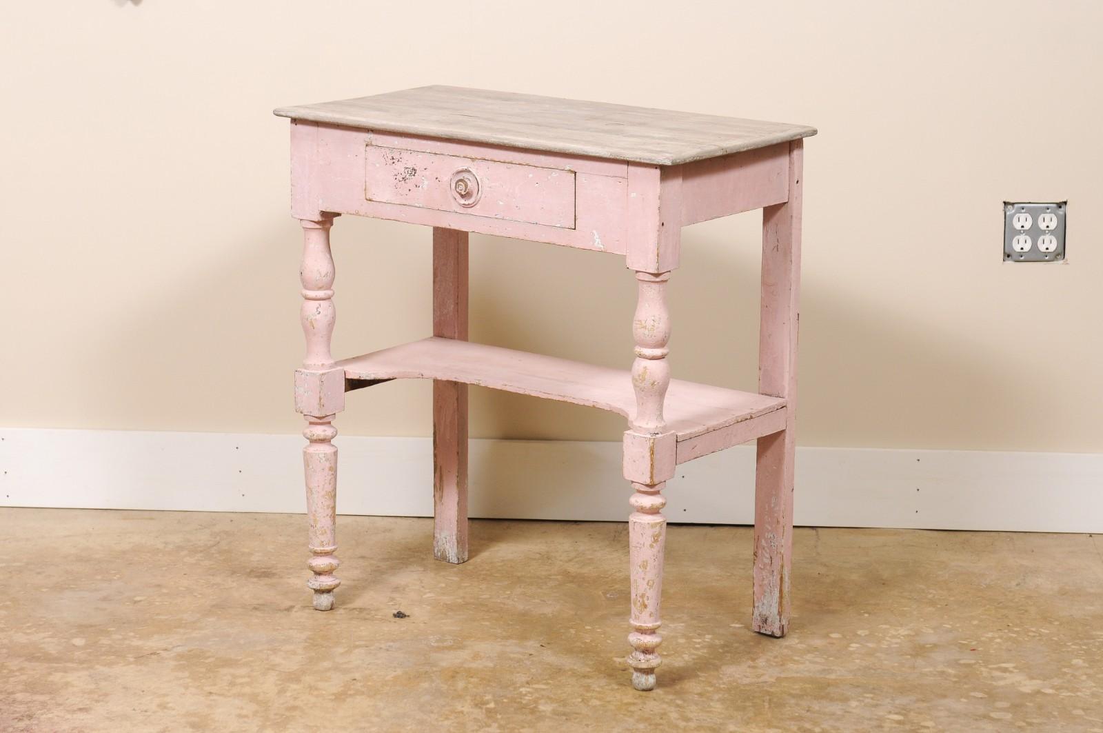 Antique Petite French Rustic SIde Table or Small Desk Pink For Sale 4