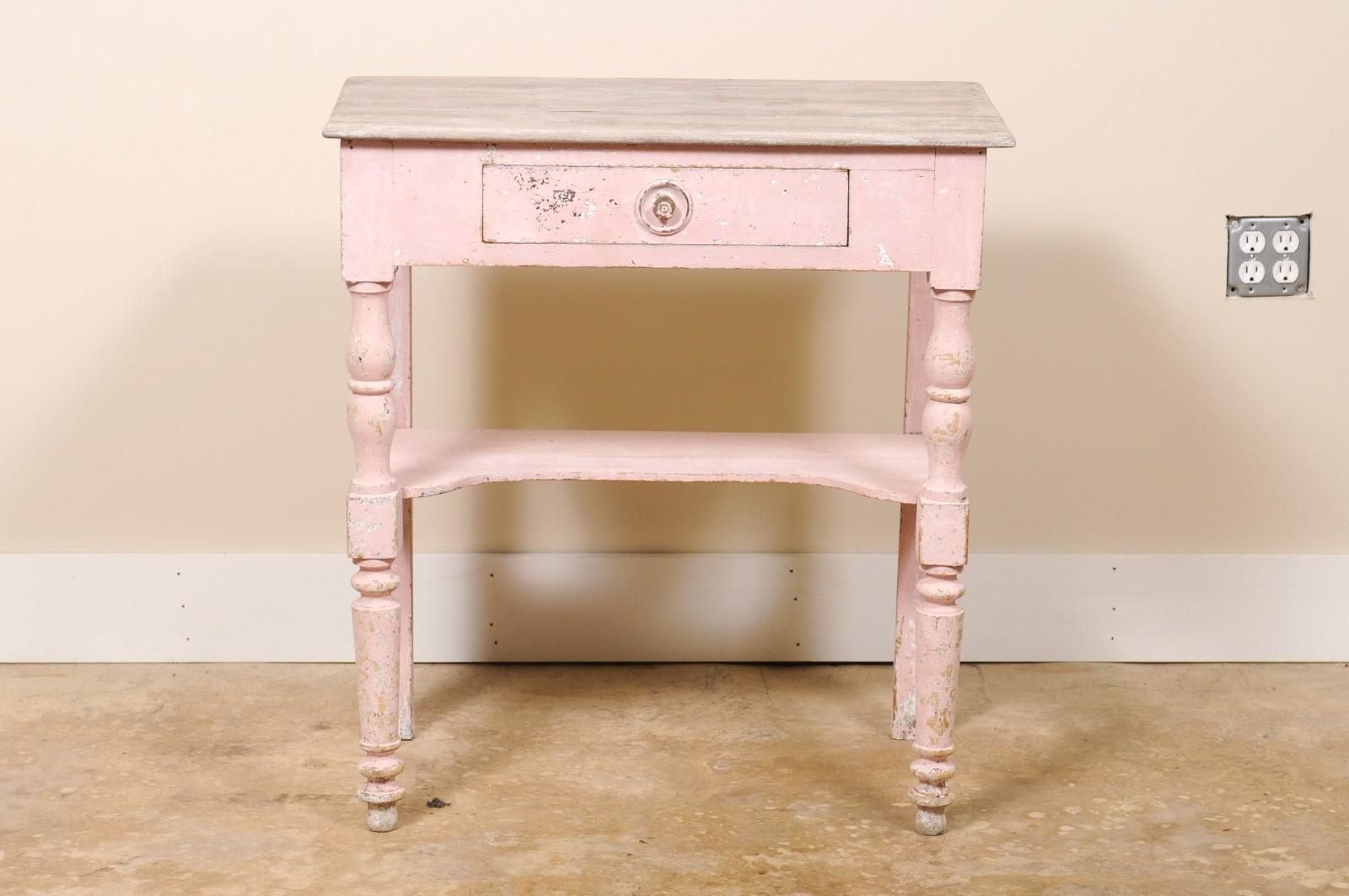 Antique Petite French Rustic SIde Table or Small Desk Pink For Sale 5