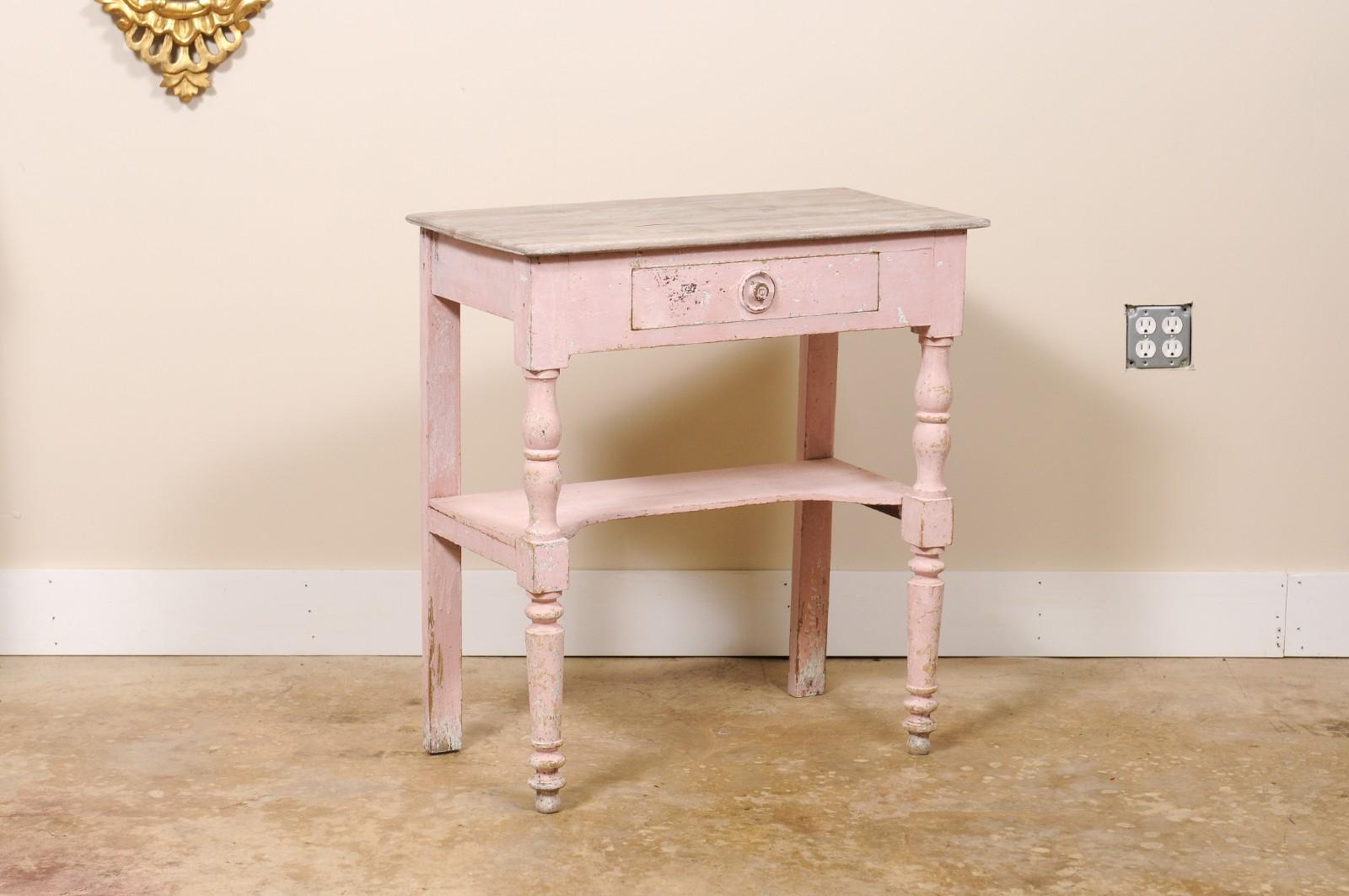 Petite Pink Side Table or Desk with Rustic Pink Distressed Finish and Wood White Washed Top

Purchased in the South of France on a recent buying trip.