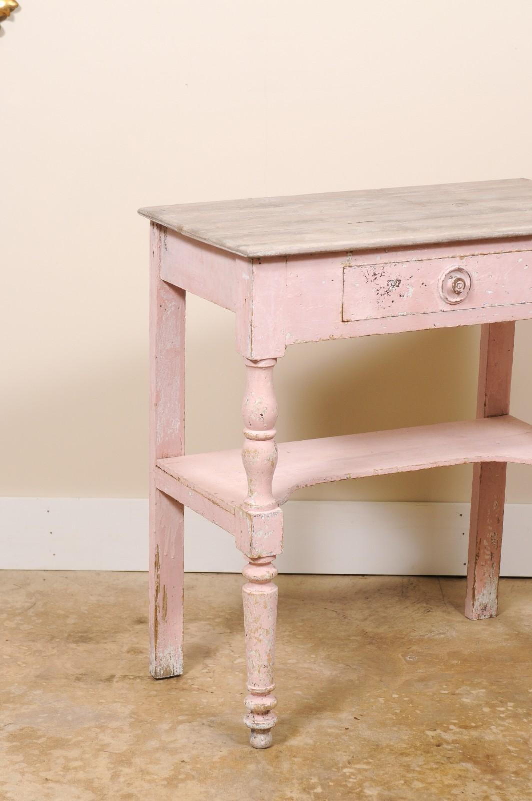 Victorian Antique Petite French Rustic SIde Table or Small Desk Pink For Sale