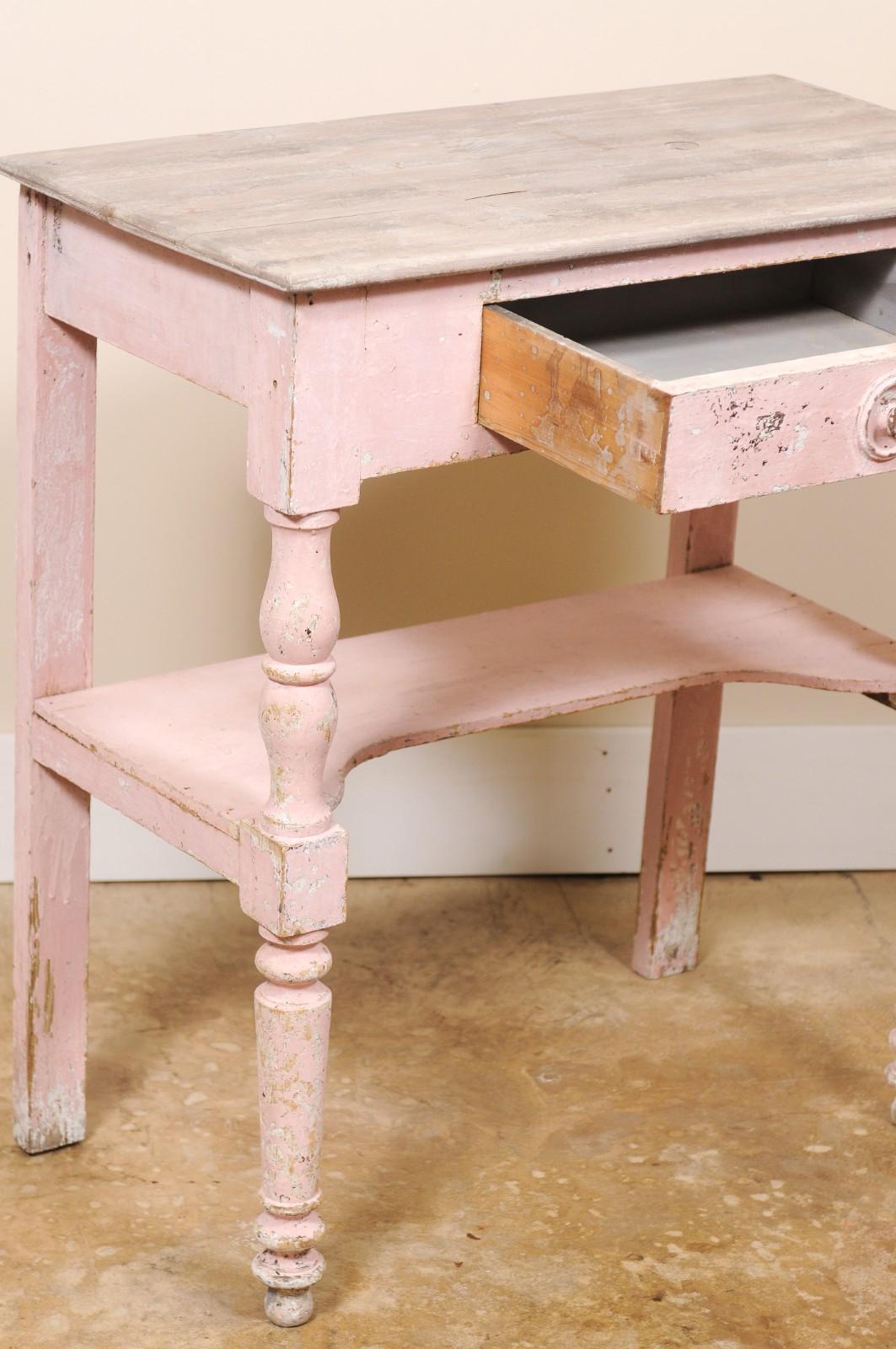 Hand-Crafted Antique Petite French Rustic SIde Table or Small Desk Pink For Sale