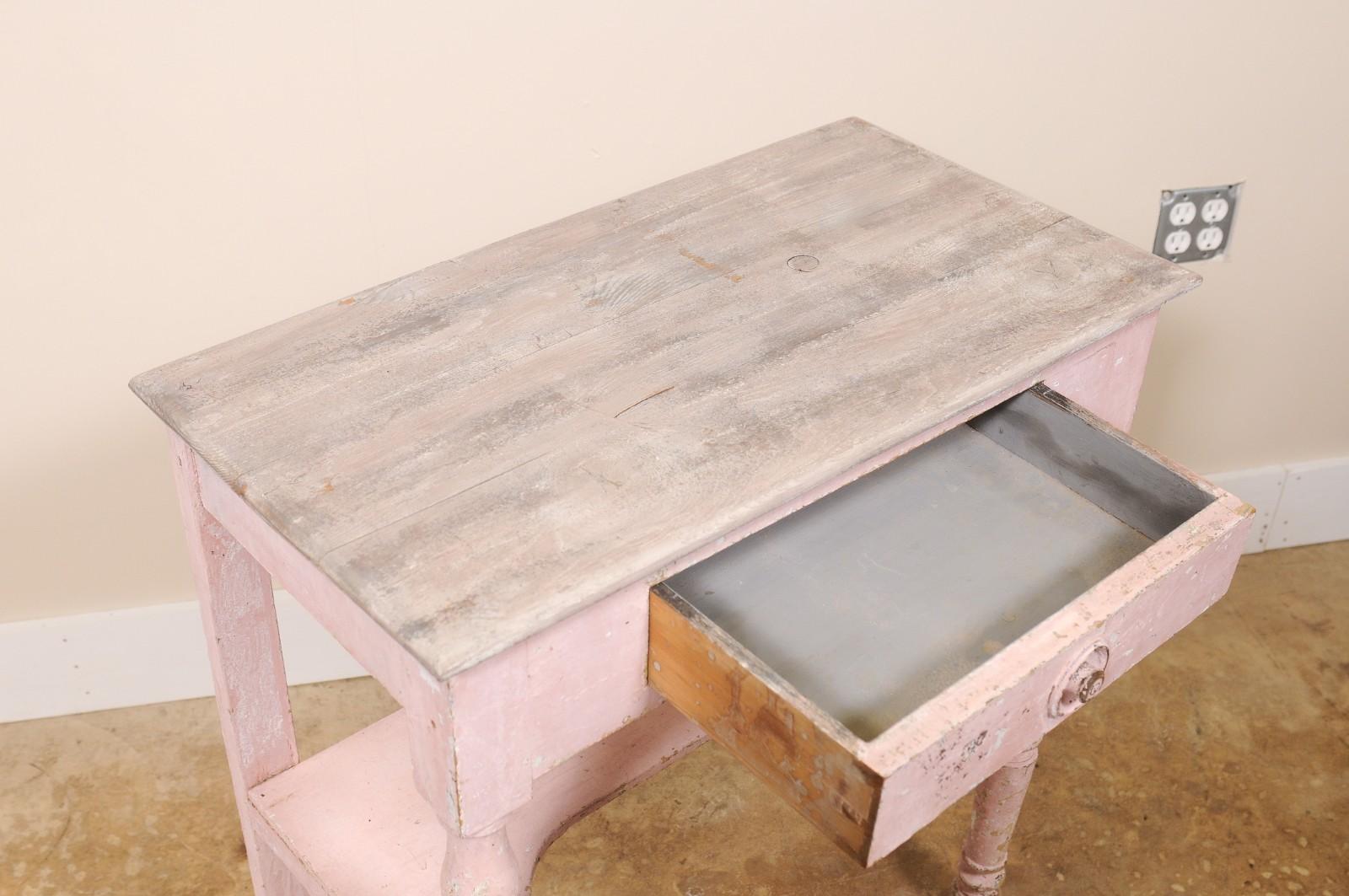 Antique Petite French Rustic SIde Table or Small Desk Pink In Distressed Condition For Sale In Atlanta, GA