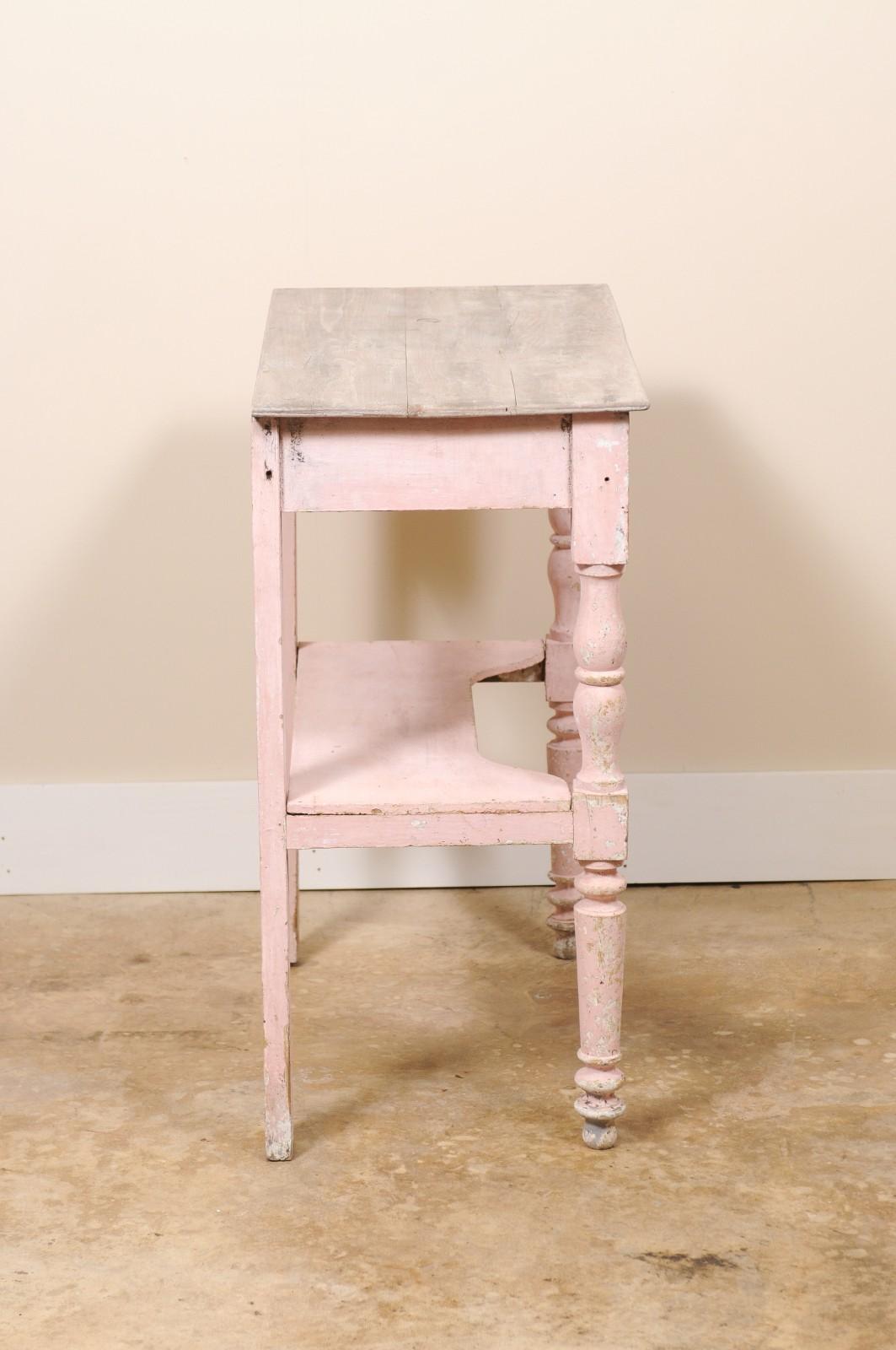 19th Century Antique Petite French Rustic SIde Table or Small Desk Pink For Sale
