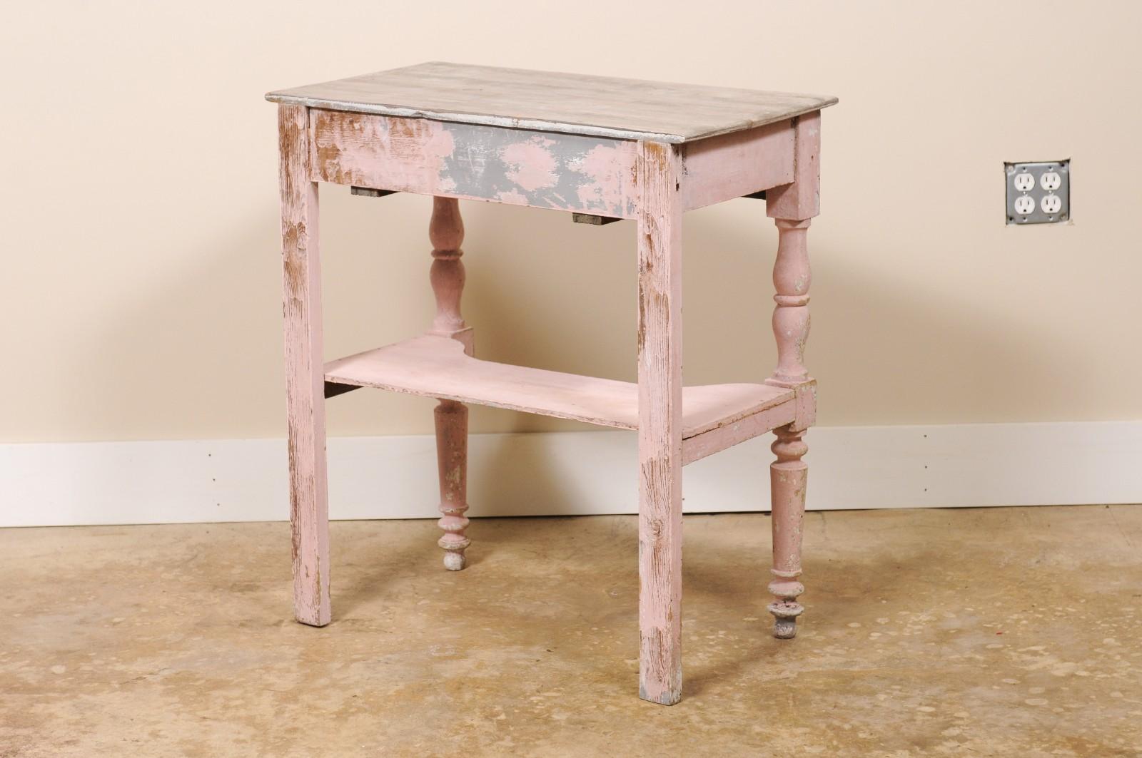 Wood Antique Petite French Rustic SIde Table or Small Desk Pink For Sale