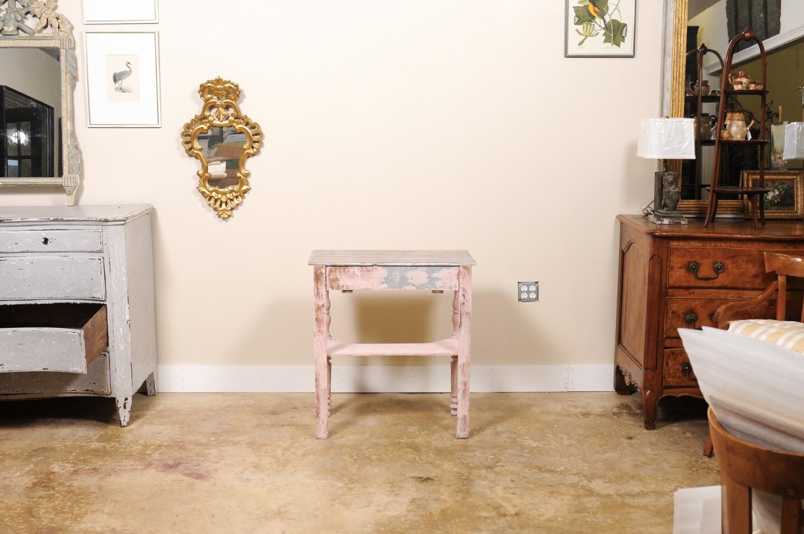 Antique Petite French Rustic SIde Table or Small Desk Pink For Sale 1