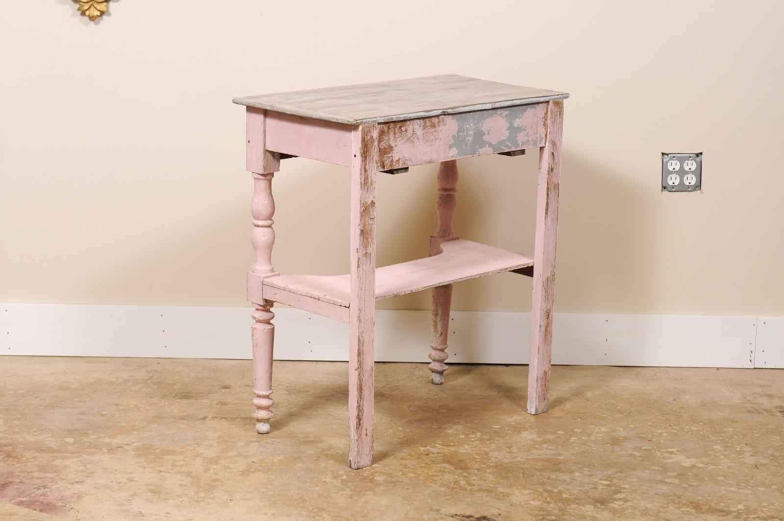 Antique Petite French Rustic SIde Table or Small Desk Pink For Sale 2